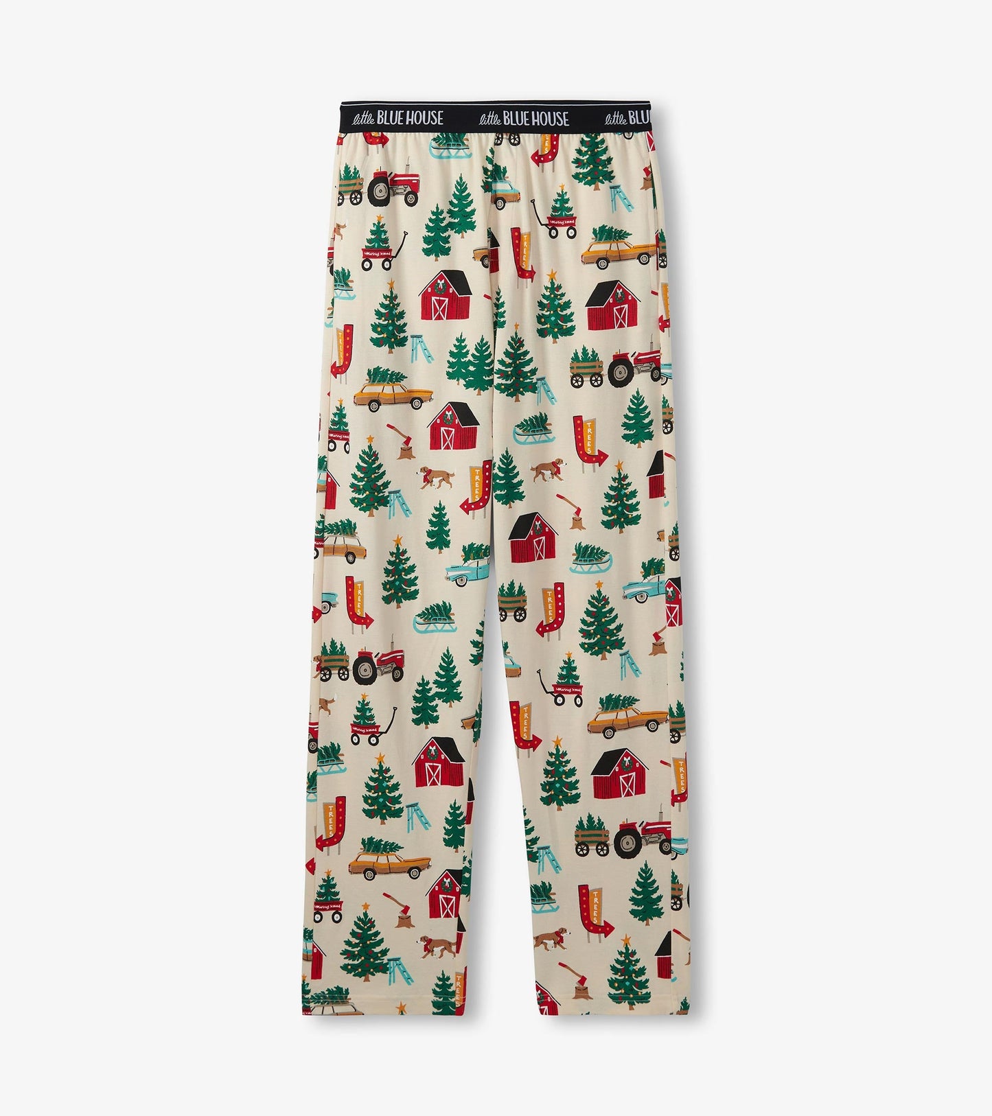 Beige cotton pajama pants featuring a festive Christmas tree farm pattern with tractors, trees, and barns.