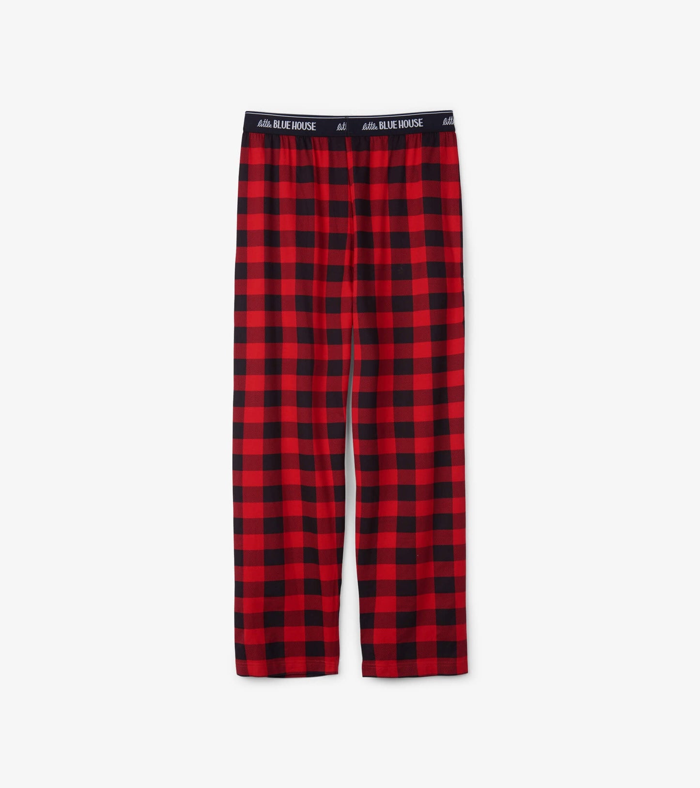 Red and black buffalo plaid men's pajama pants made of stretch cotton, featuring an elastic waistband.
