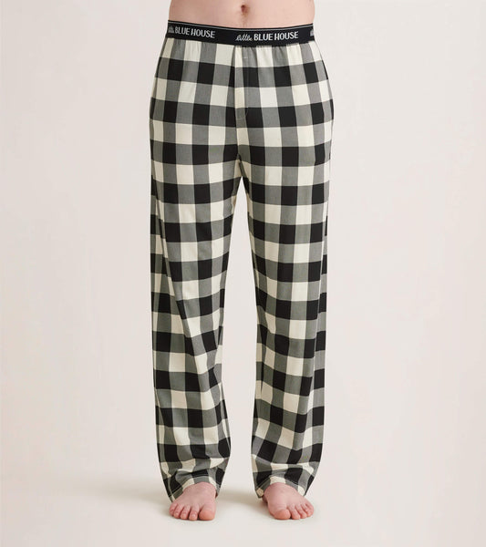 Cream plaid men's stretch cotton pajama pants with an elastic waistband, shown from the front.