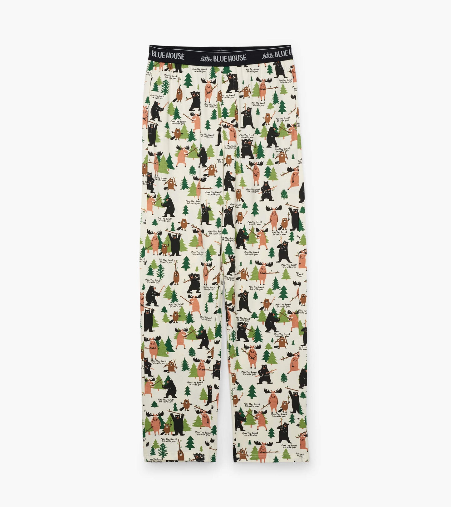 Men's stretch cotton pajama pants featuring a playful forest animal print on a light background.