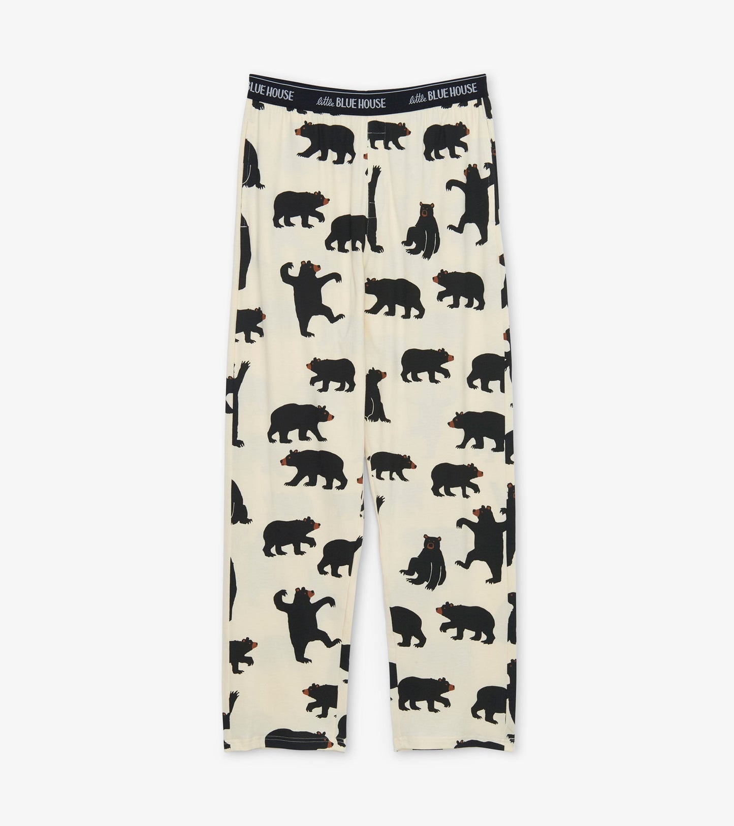 Cream pajama pants featuring a playful black bear pattern, made from stretch cotton for comfort.