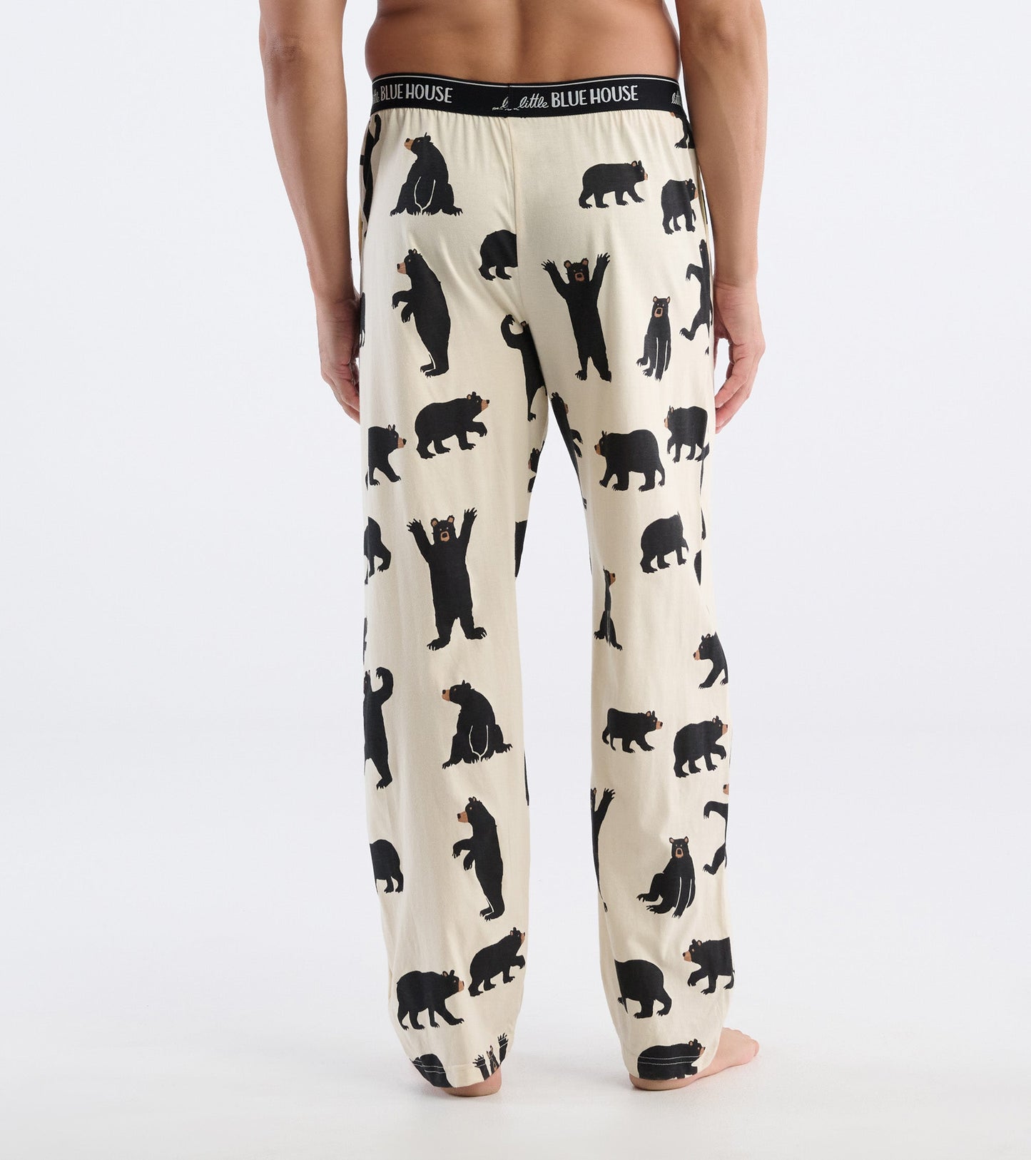 Men's pajama pants in cream with black bear patterns, featuring a comfortable elastic waistband and relaxed fit.