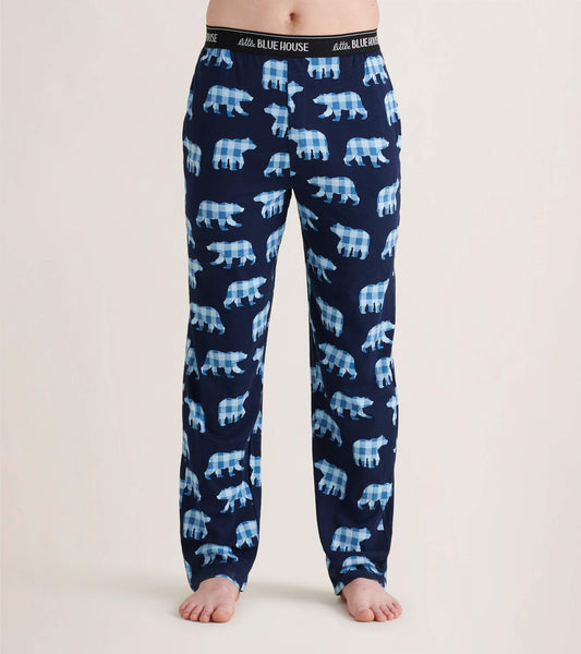 Navy pajama pants featuring a playful bear pattern in light blue, made from stretch cotton for comfort.