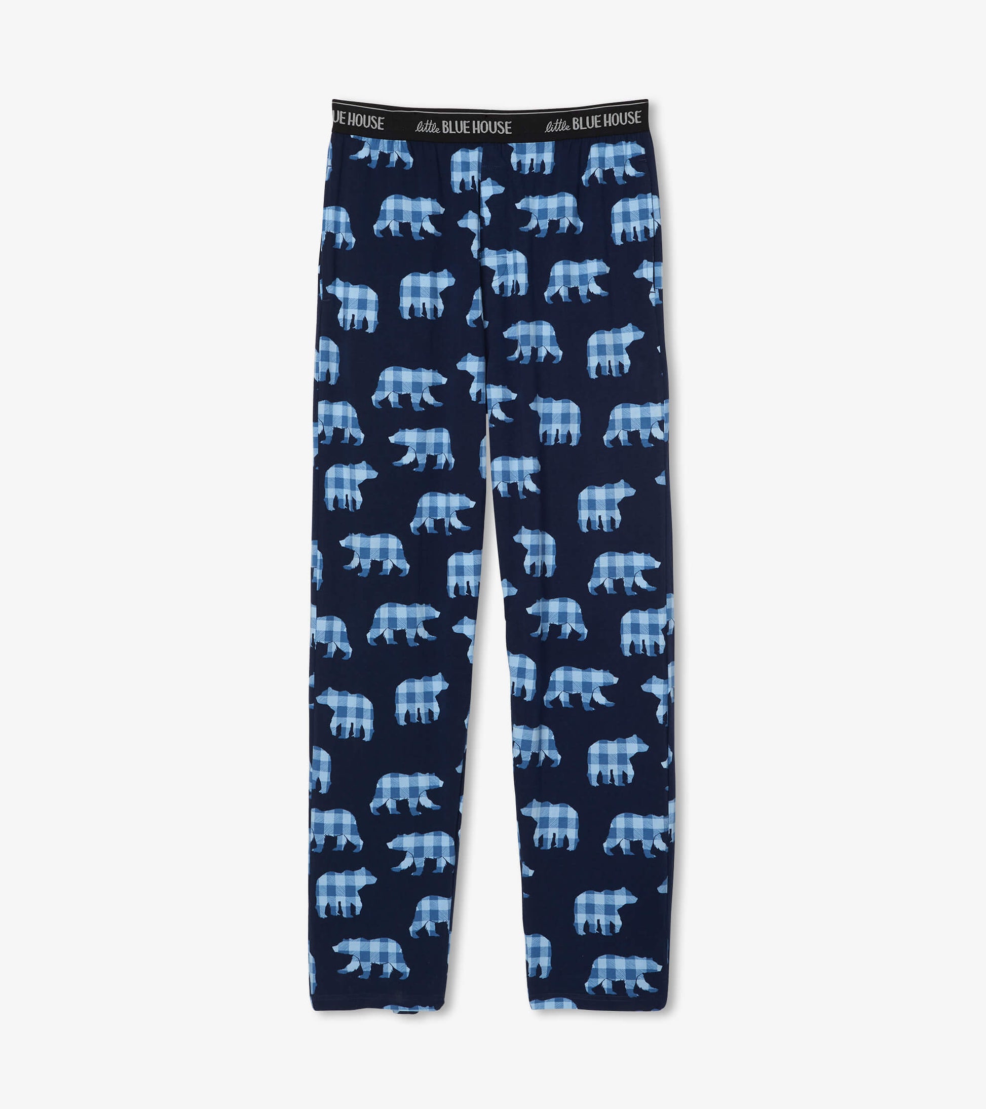 Navy cotton pajama pants featuring a playful bear pattern in various shades of blue.