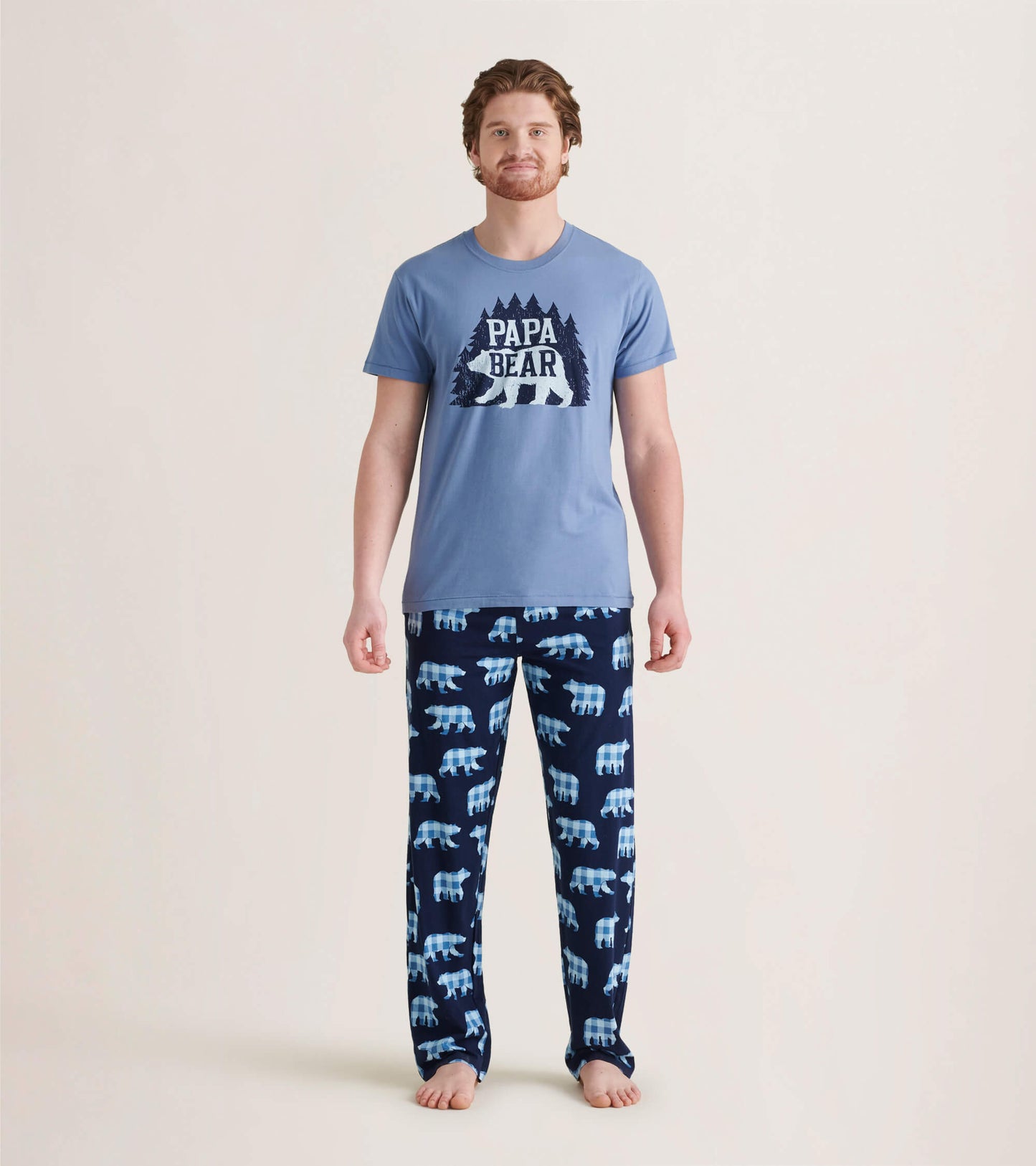 Men's stretch cotton pajama pants in navy with light blue bear print, ideal for lounging or sleepwear.
