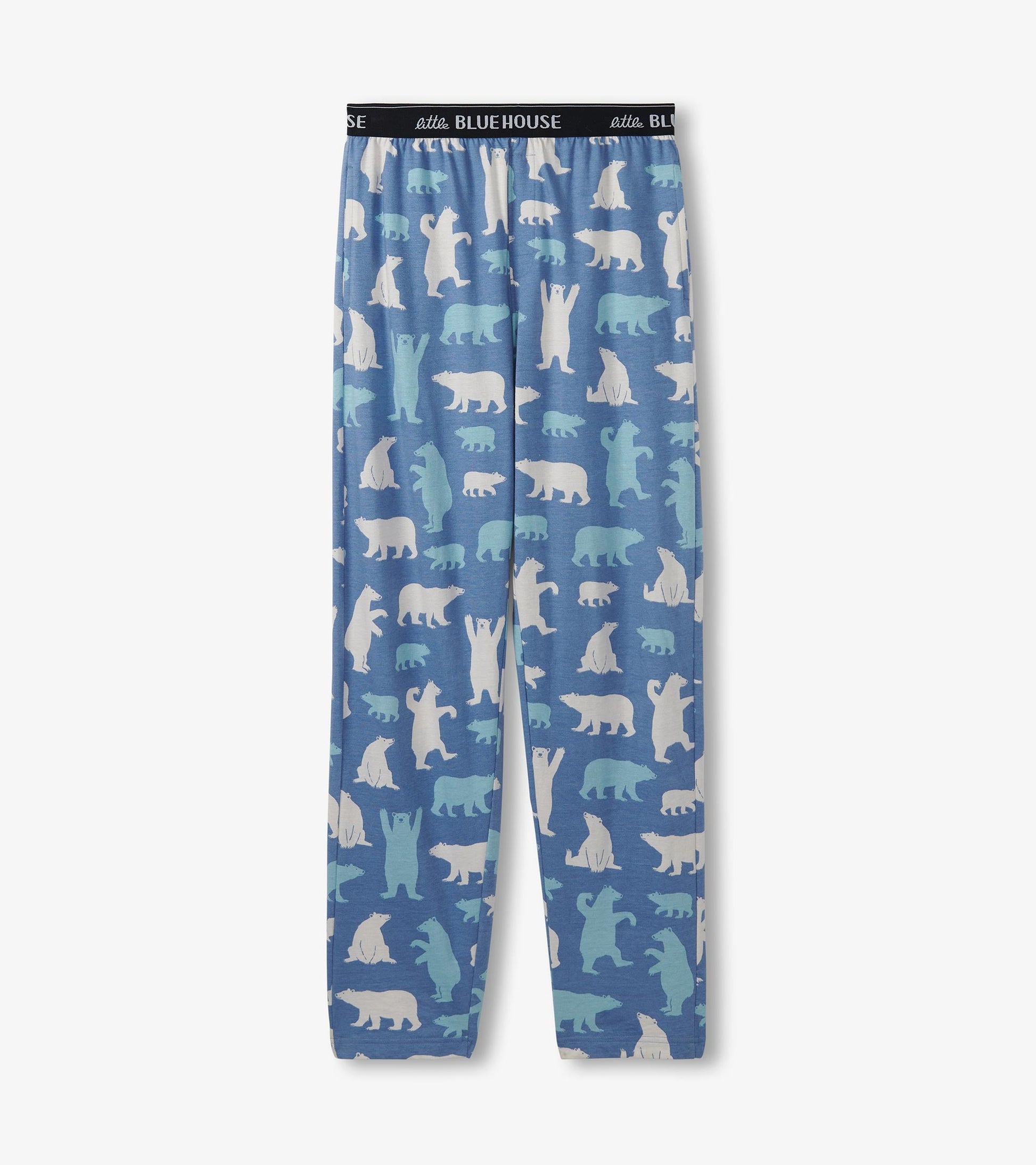 Blue cotton pajama pants featuring a playful polar bear pattern in white and light blue. Elastic waistband for comfort.