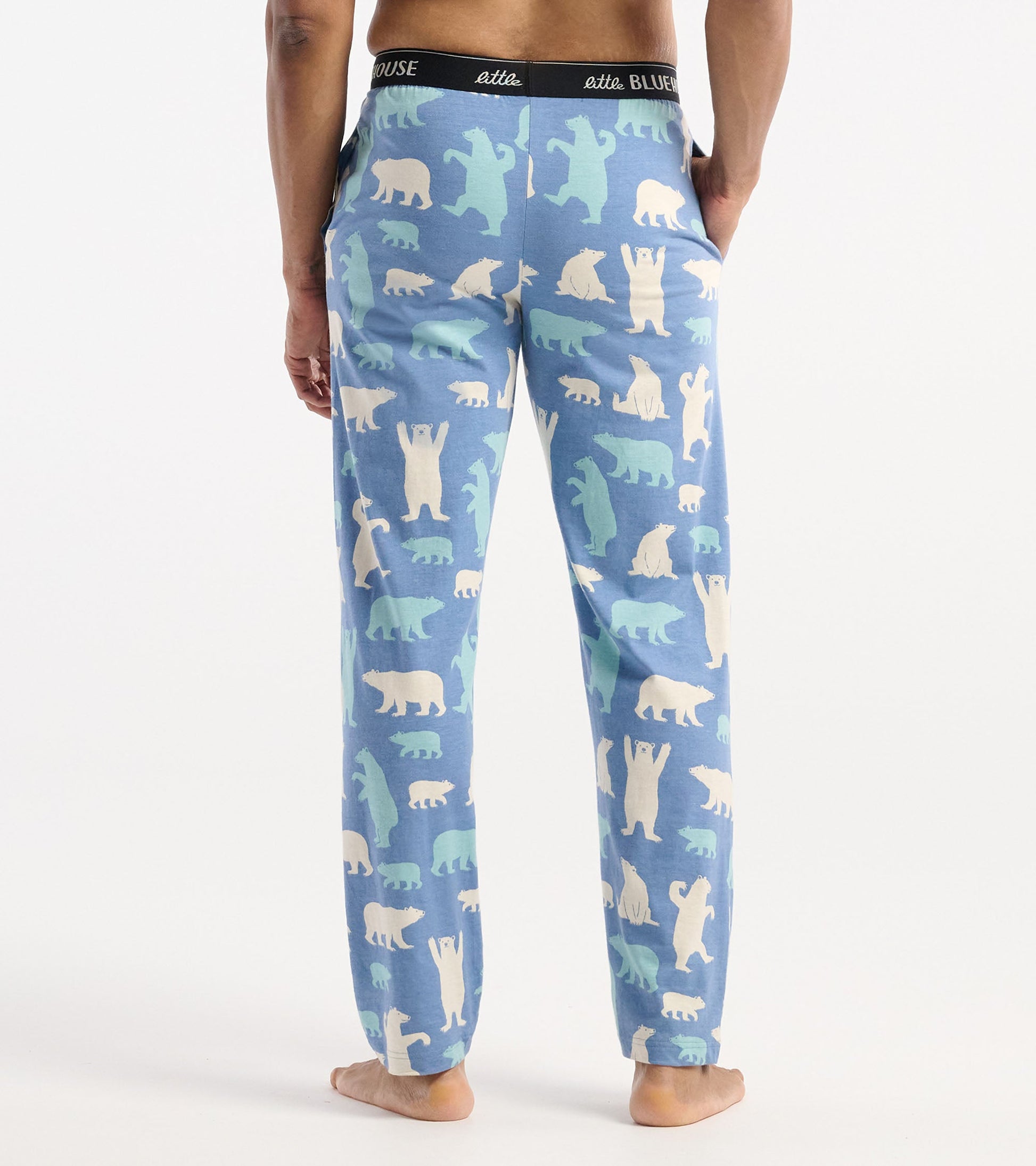 Men's cotton pajama pants in blue with a polar bear pattern, featuring a relaxed fit and elastic waistband.