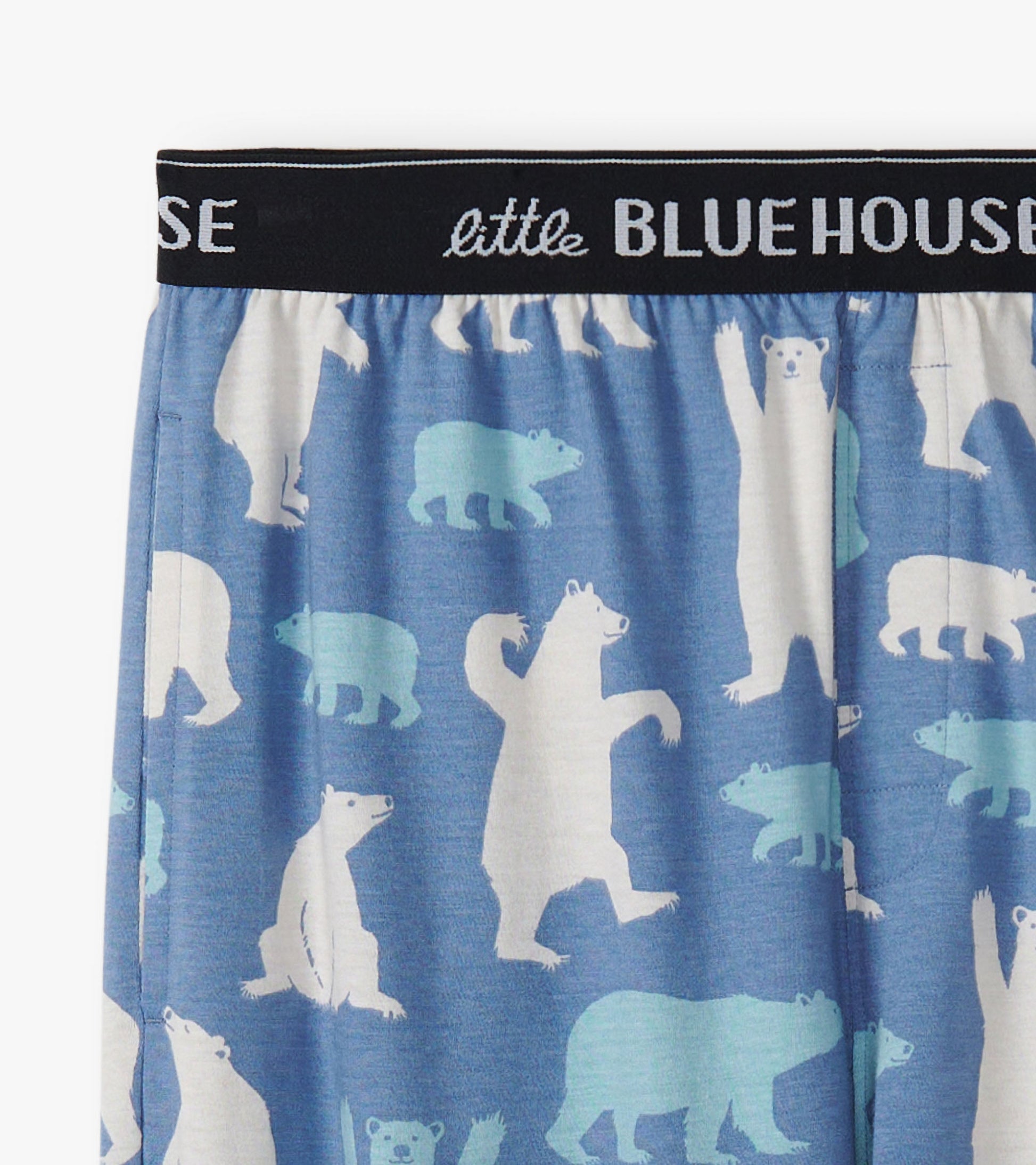 Blue cotton pajama pants featuring a playful polar bear pattern and an elastic waistband.