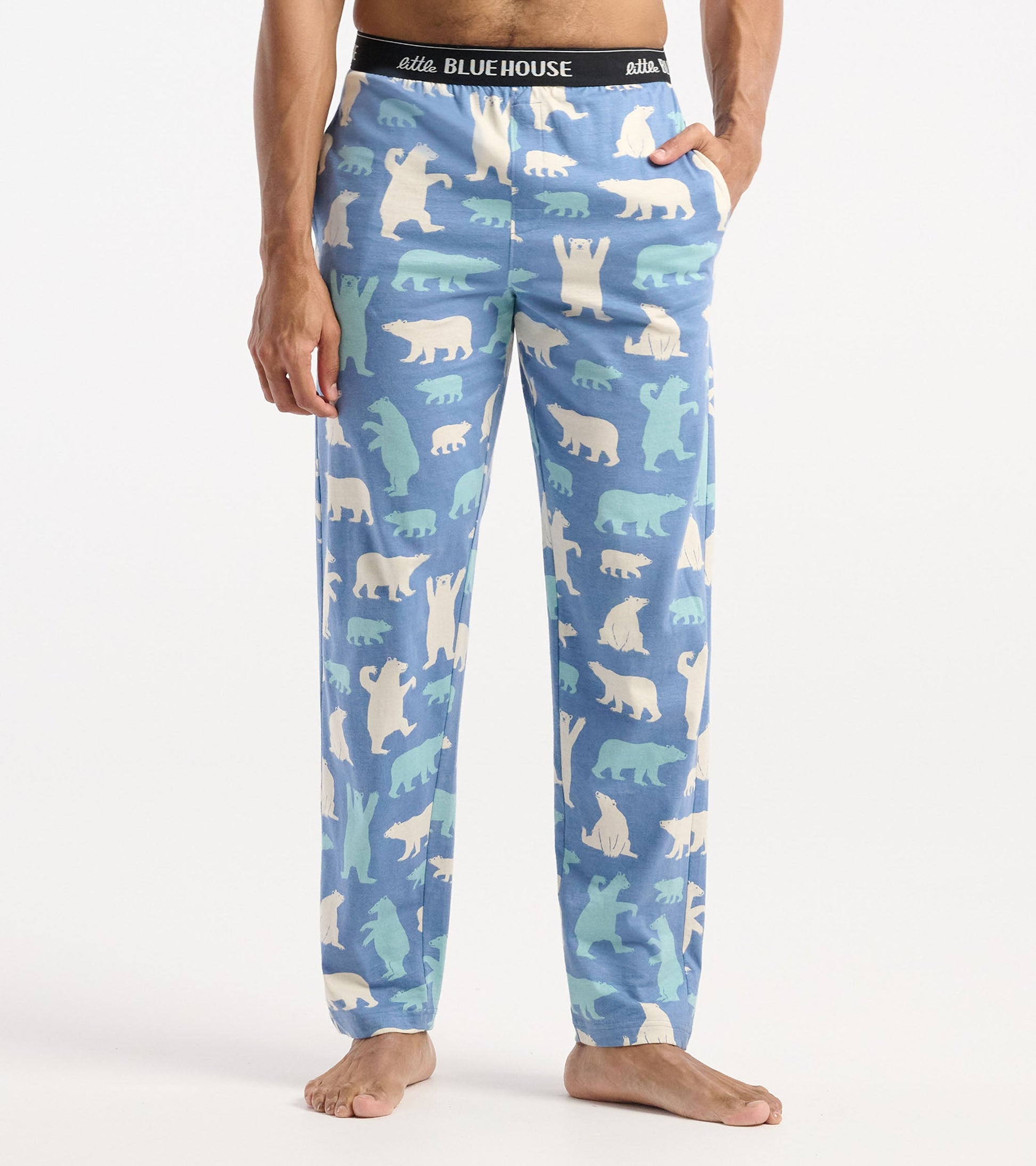 Men's cotton pajama pants in blue with white and light blue polar bear patterns, featuring an elastic waistband and pockets.