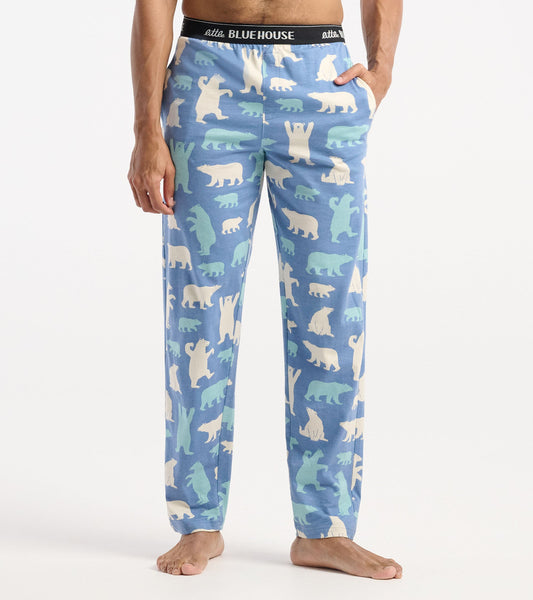 Men's cotton pajama pants in blue with white and light blue polar bear patterns, featuring an elastic waistband and pockets.