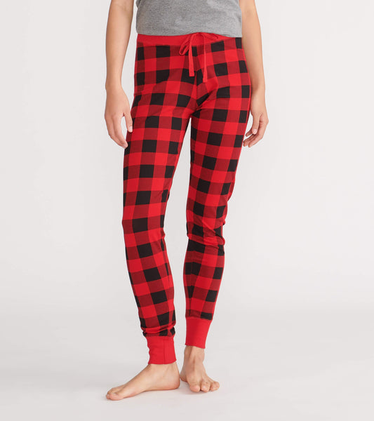 Red and black buffalo plaid women's sleep leggings with a drawstring waist and fitted cuffs.
