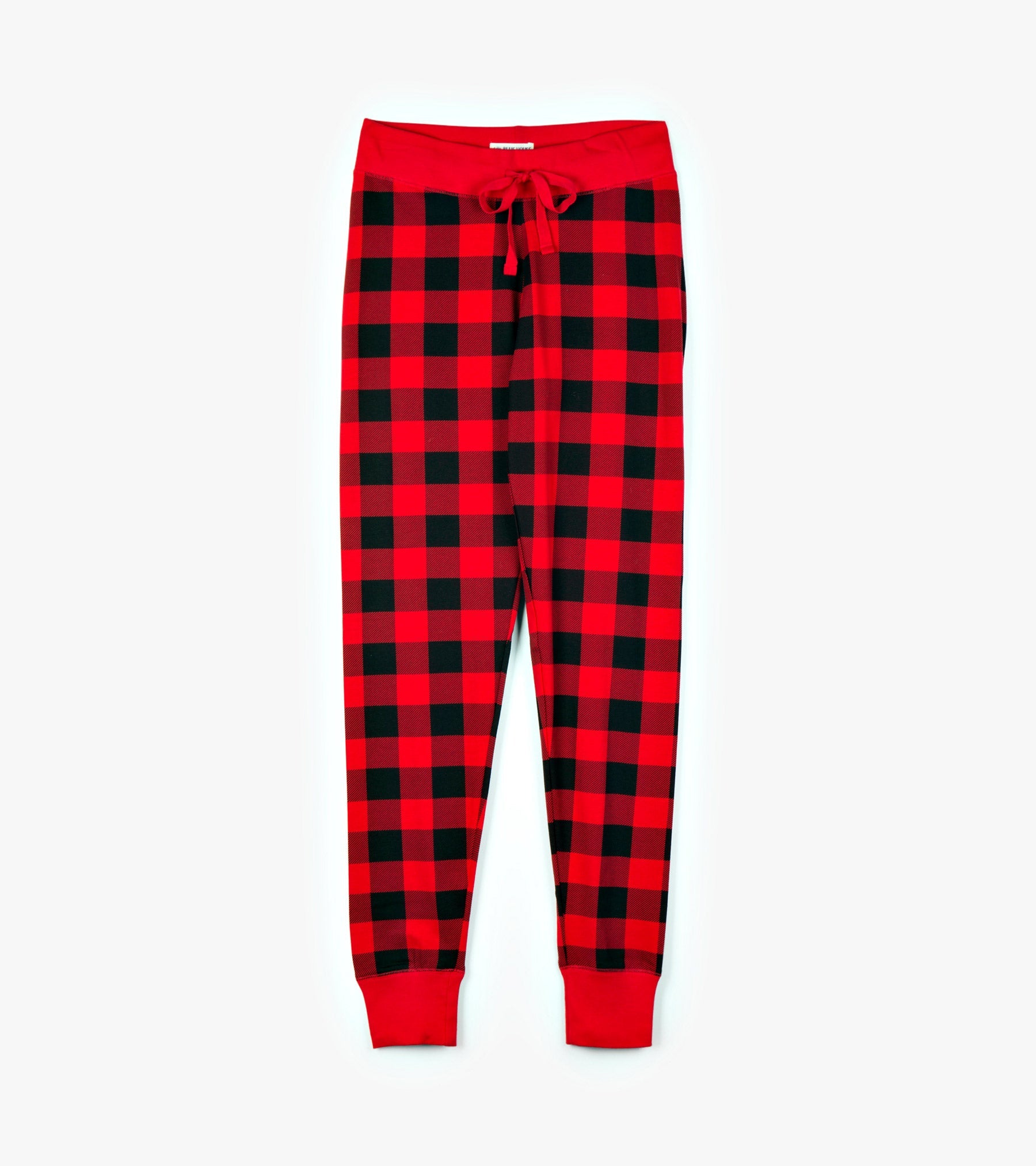 Red and black buffalo plaid women's sleep leggings with an elastic waistband and drawstring.