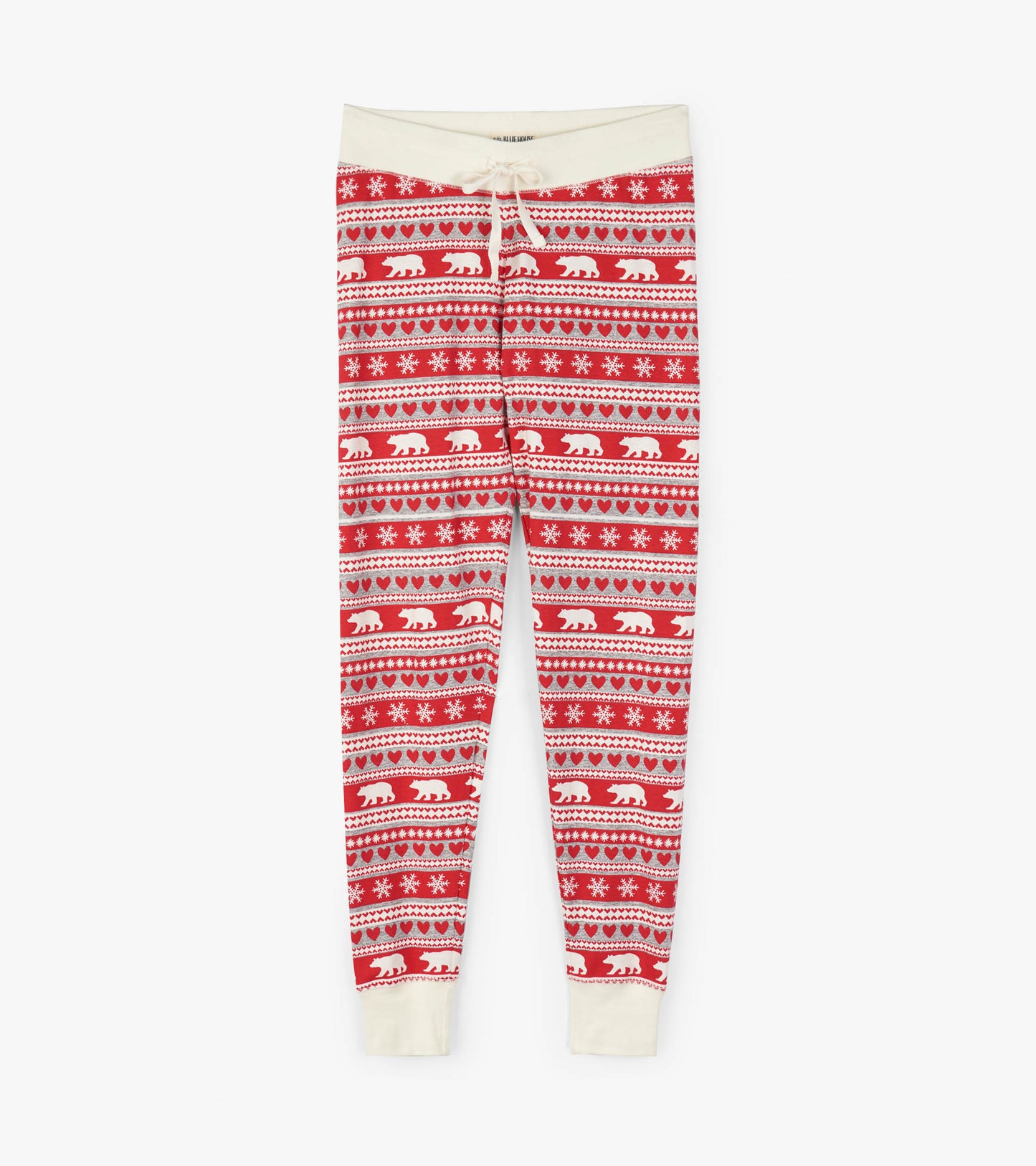 Red sleep leggings featuring a Fair Isle pattern with white bears, hearts, and snowflakes, finished with a cream waistband.