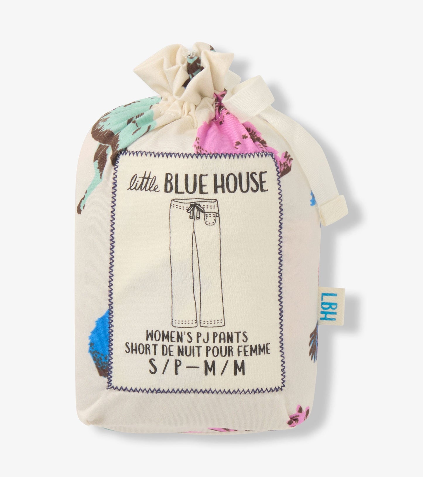 Drawstring pouch containing women's pajama pants with a woodland animal print in soft polyknit fabric.