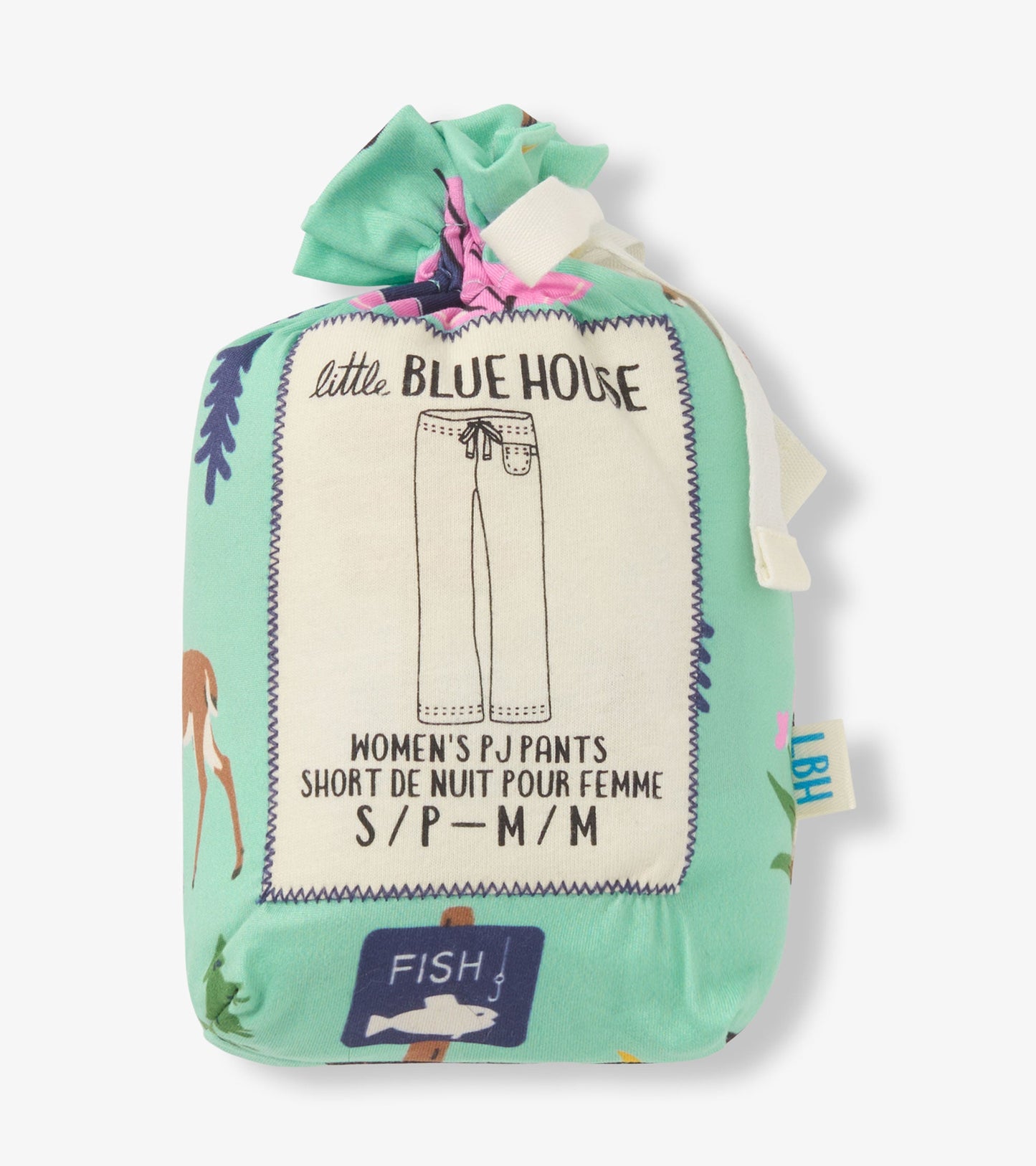 Light green pajama pants with a nature-themed print, featuring deer and fish, packaged in a drawstring bag.