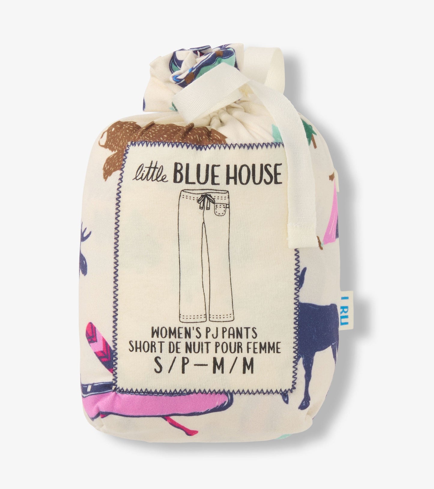 Cream-colored pajama pants with a playful animal print, packaged in a drawstring bag. Available in multiple sizes.