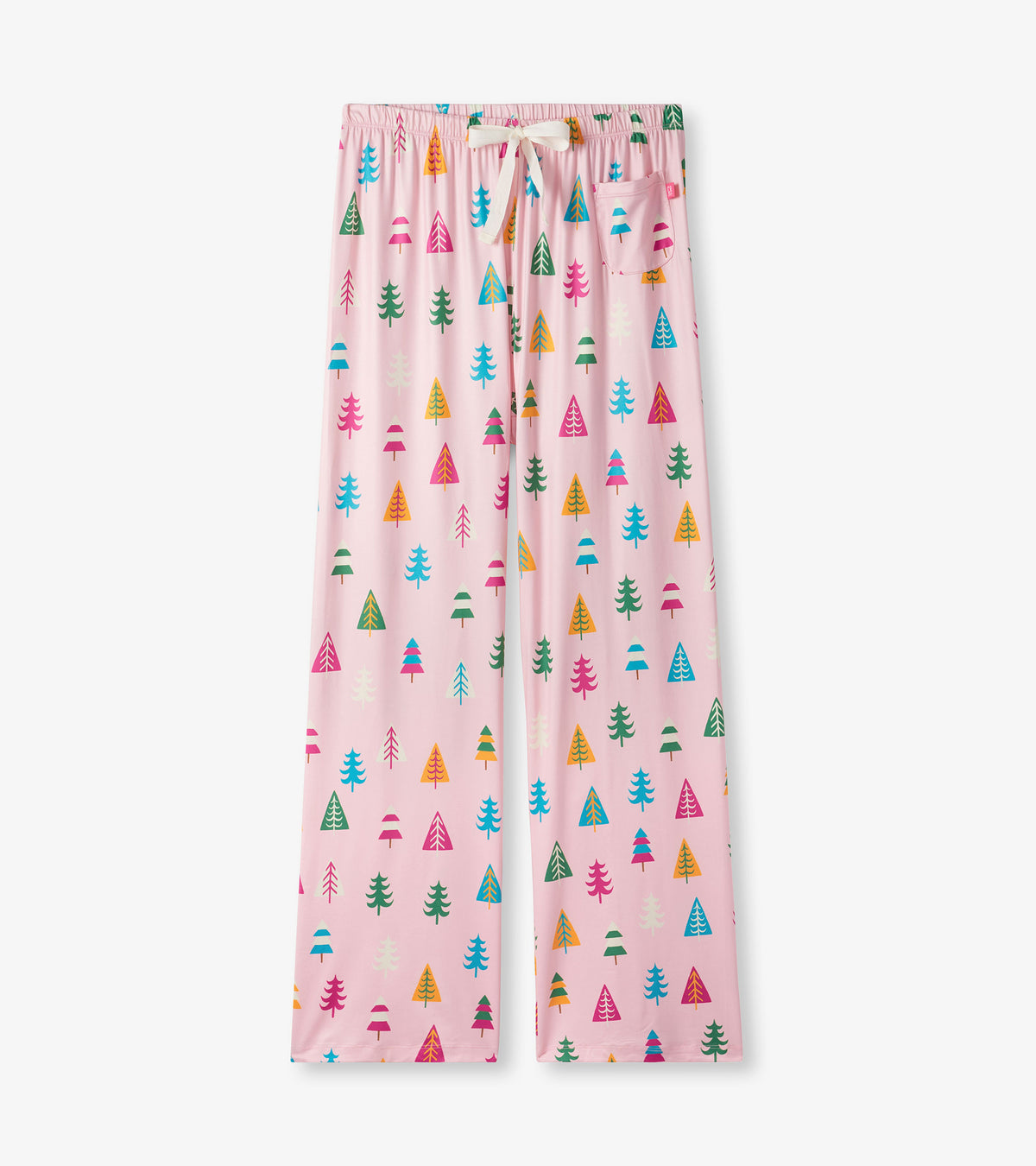 Full-length pink pajama pants with colorful holiday tree print, white drawstring waist, and side pocket