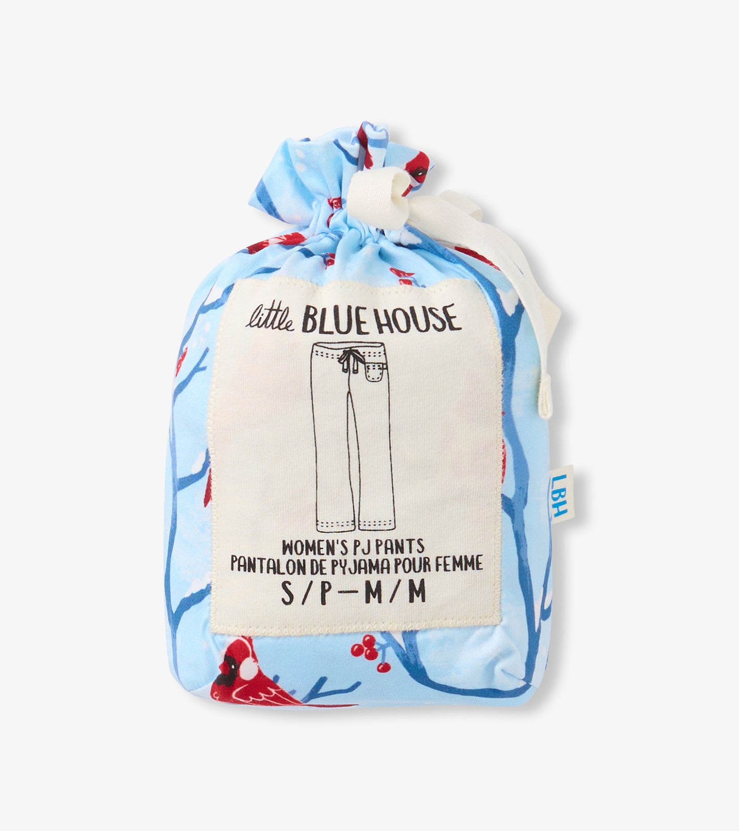 Light blue pajama pants bag featuring red cardinals and branches, with a drawstring closure for easy storage.