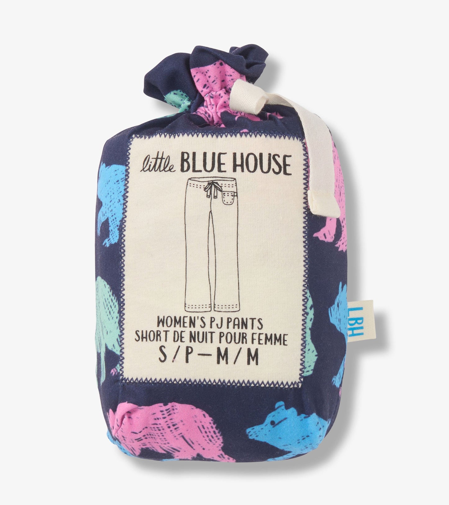 Navy pajama pants featuring colorful bear patterns, packaged with a drawstring top, available in sizes XS/S to XL.