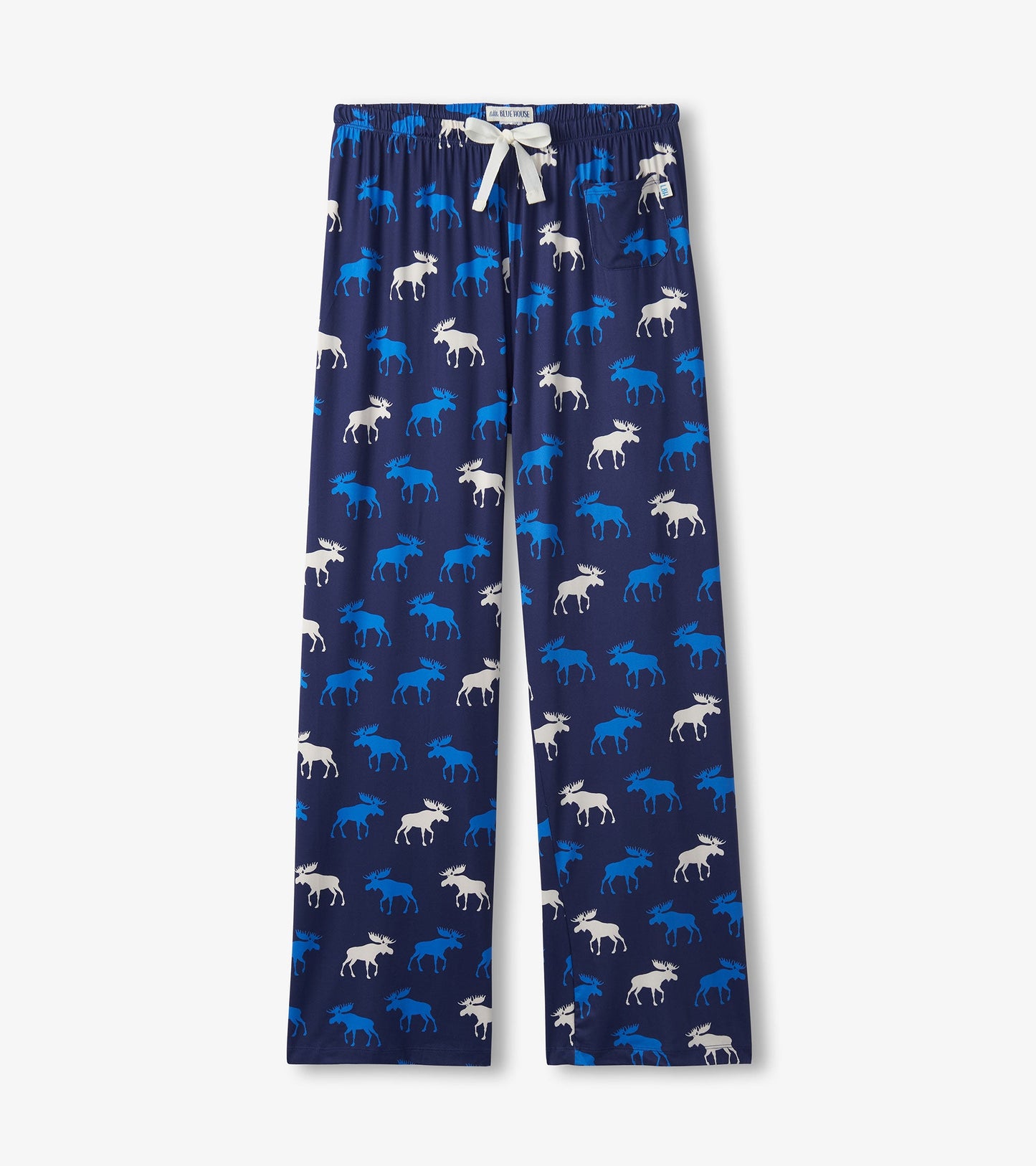 Navy pajama pants featuring a playful moose pattern in various shades of blue and white, with an elastic waistband.