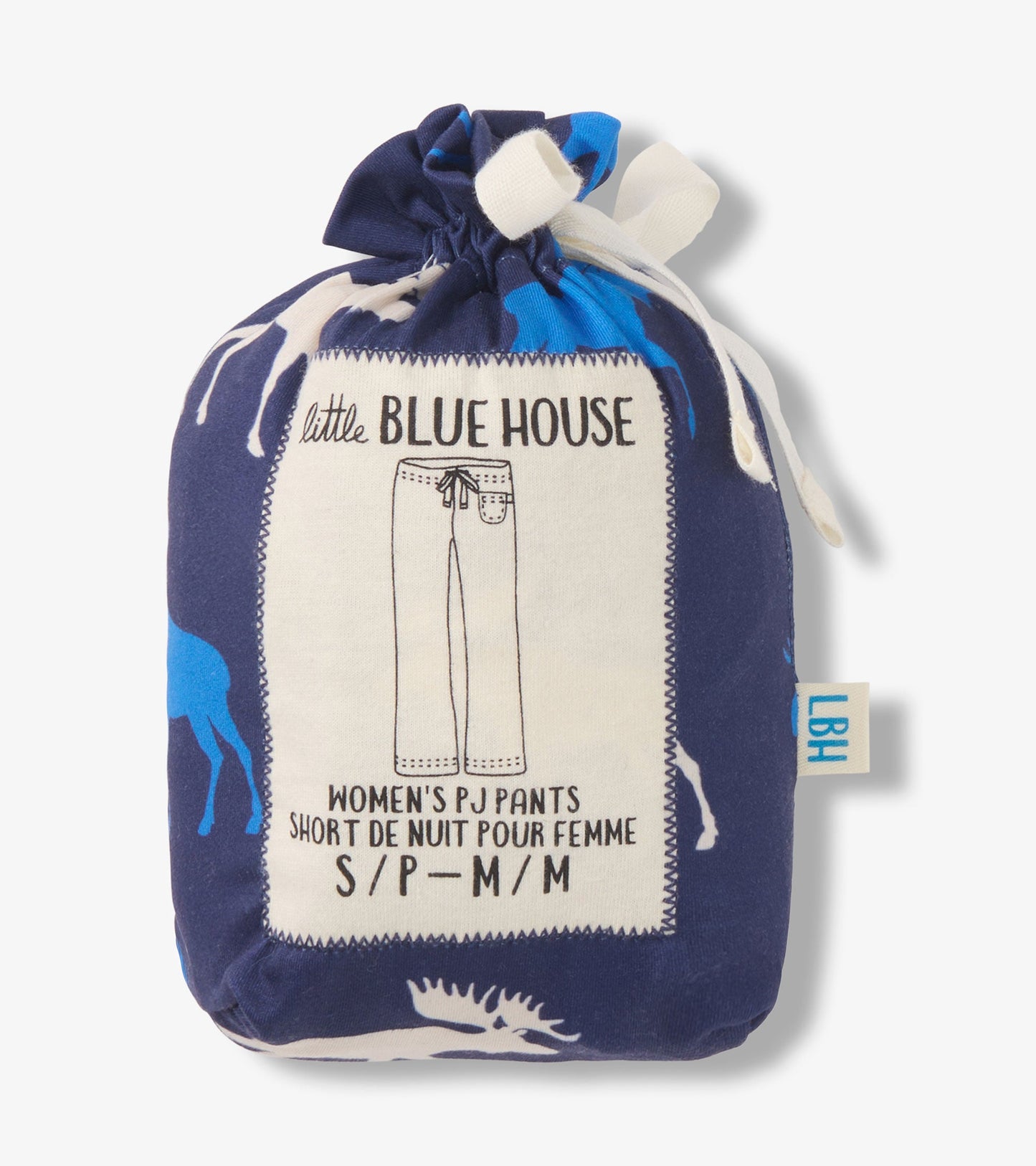Blue pajama pants in a polyknit material, featuring a moose pattern, packaged in a drawstring bag. Size options available.