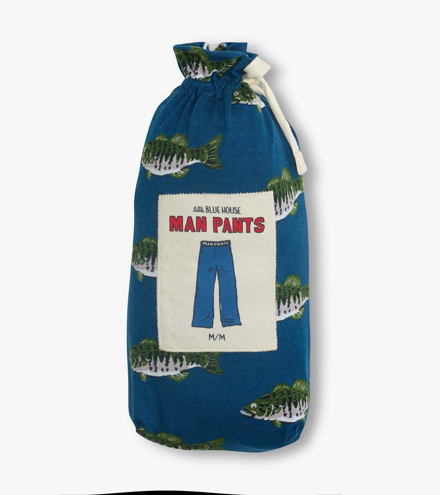 Blue fabric drawstring pouch with fish print and a label reading Man Pants