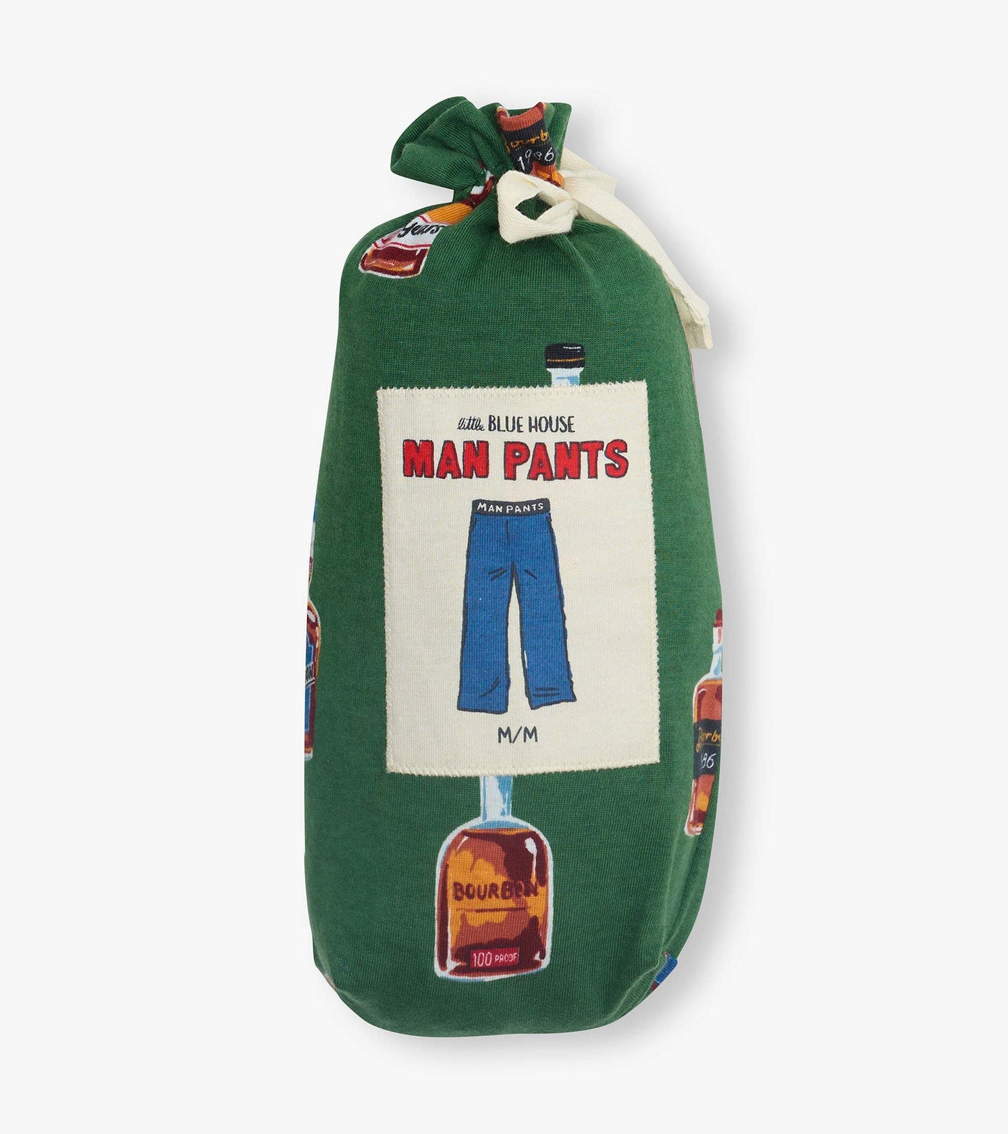 Green pajama pants with bourbon bottle print, shown folded and tied with a white ribbon.