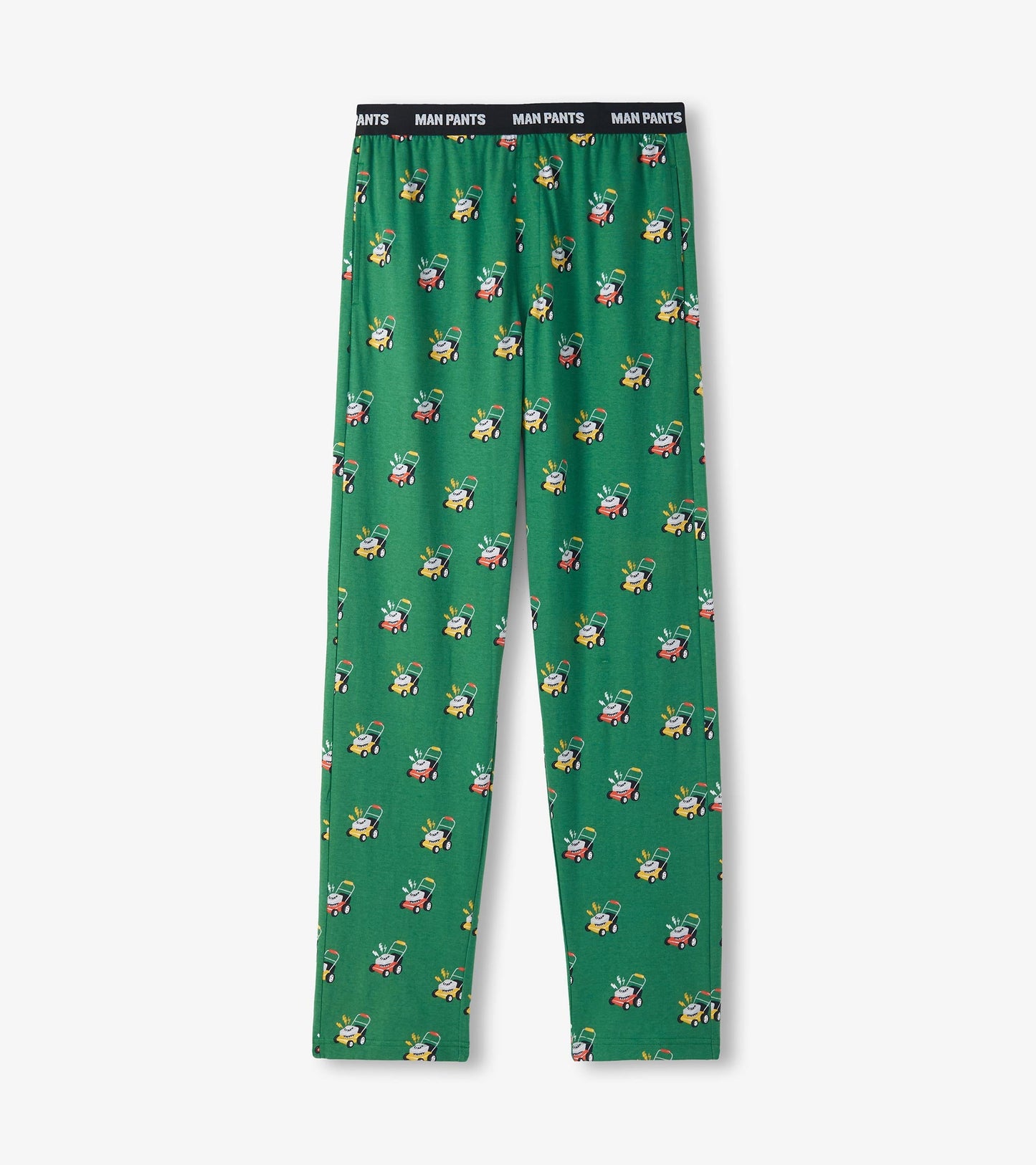 Green pants featuring a playful lawnmower pattern, made from soft fabric with an elastic waistband.