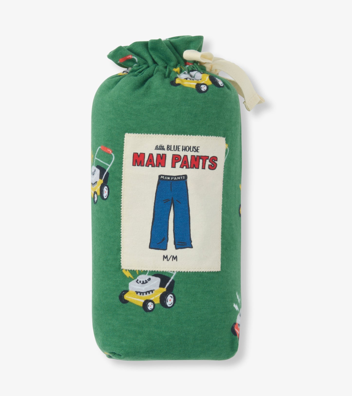 Green drawstring pouch featuring a playful lawnmower print and a graphic of blue pants labeled "MAN PANTS.
