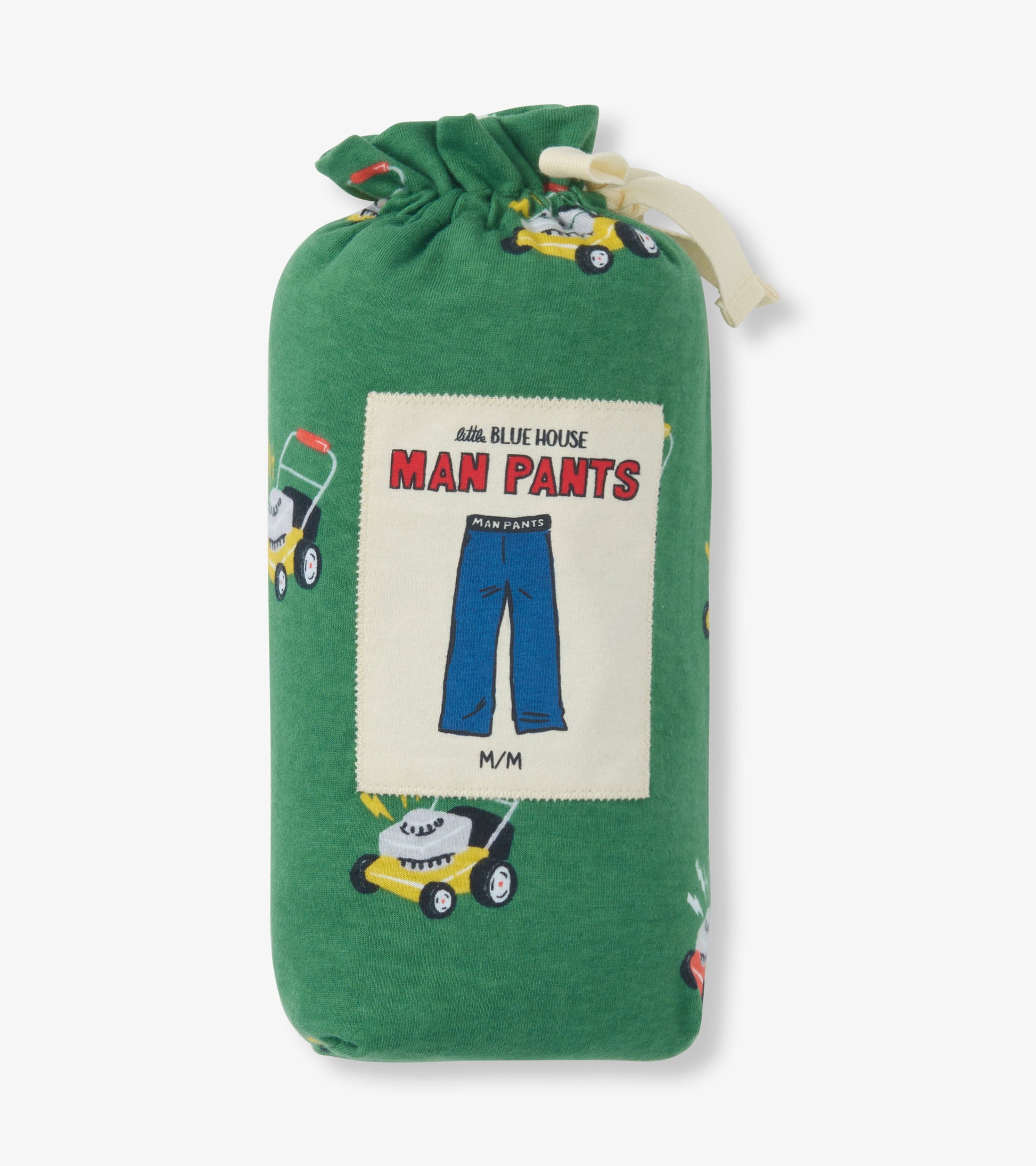Green drawstring pouch featuring a playful lawnmower print and a graphic of blue pants labeled "MAN PANTS.