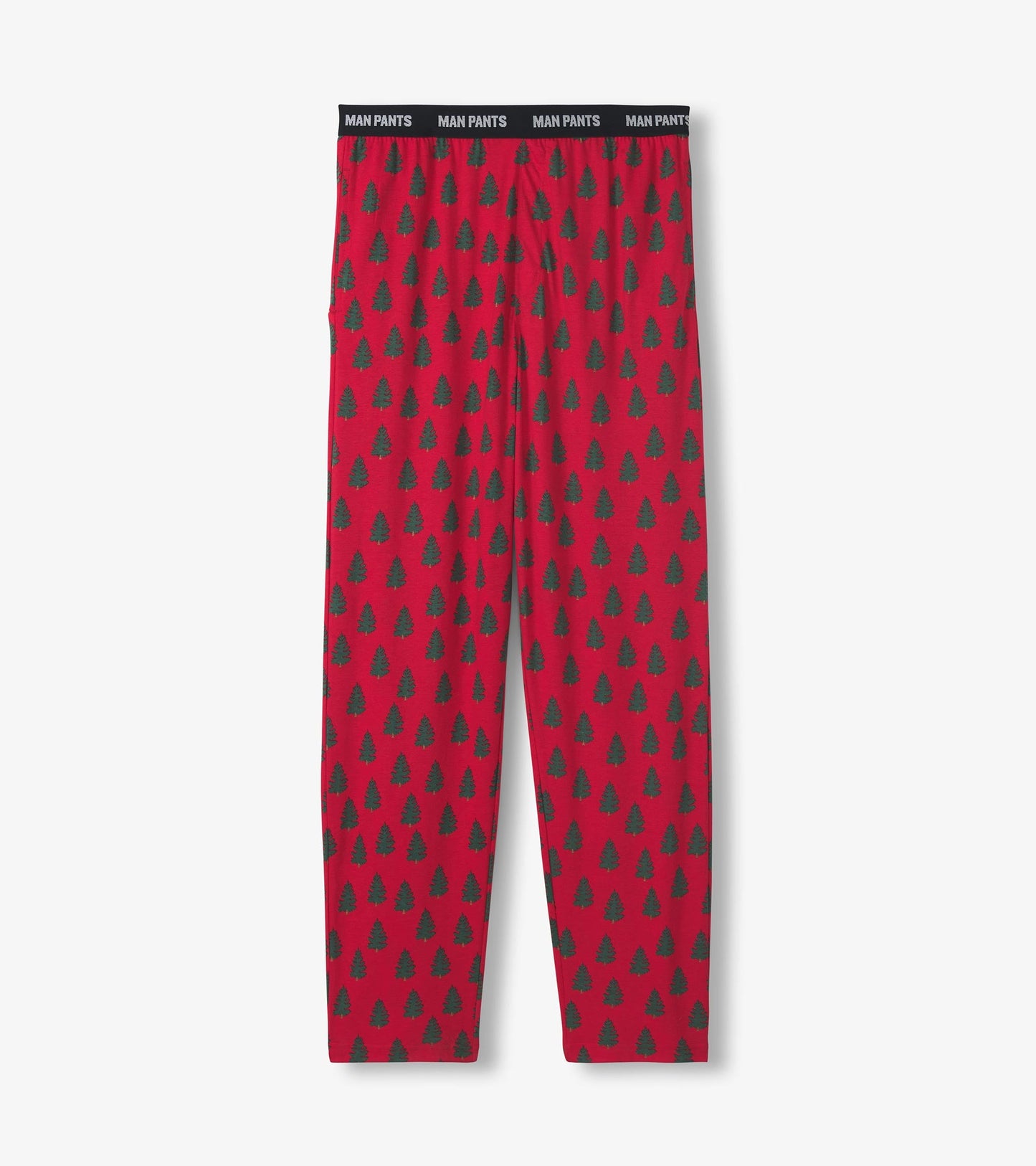 Red pants featuring a pattern of green trees, designed for comfort and casual wear.