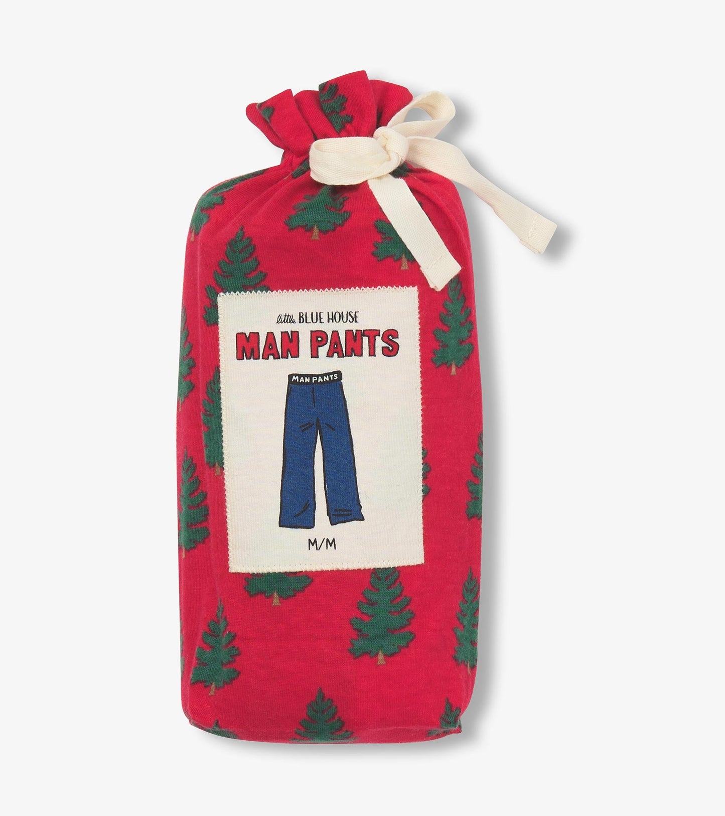 Red fabric bag featuring green tree pattern, containing men's pants with a label displaying the pants design.
