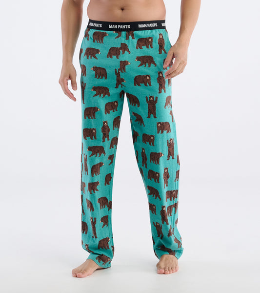 Men's relaxed-fit pants in teal with a playful brown bear pattern, featuring an elastic waistband.