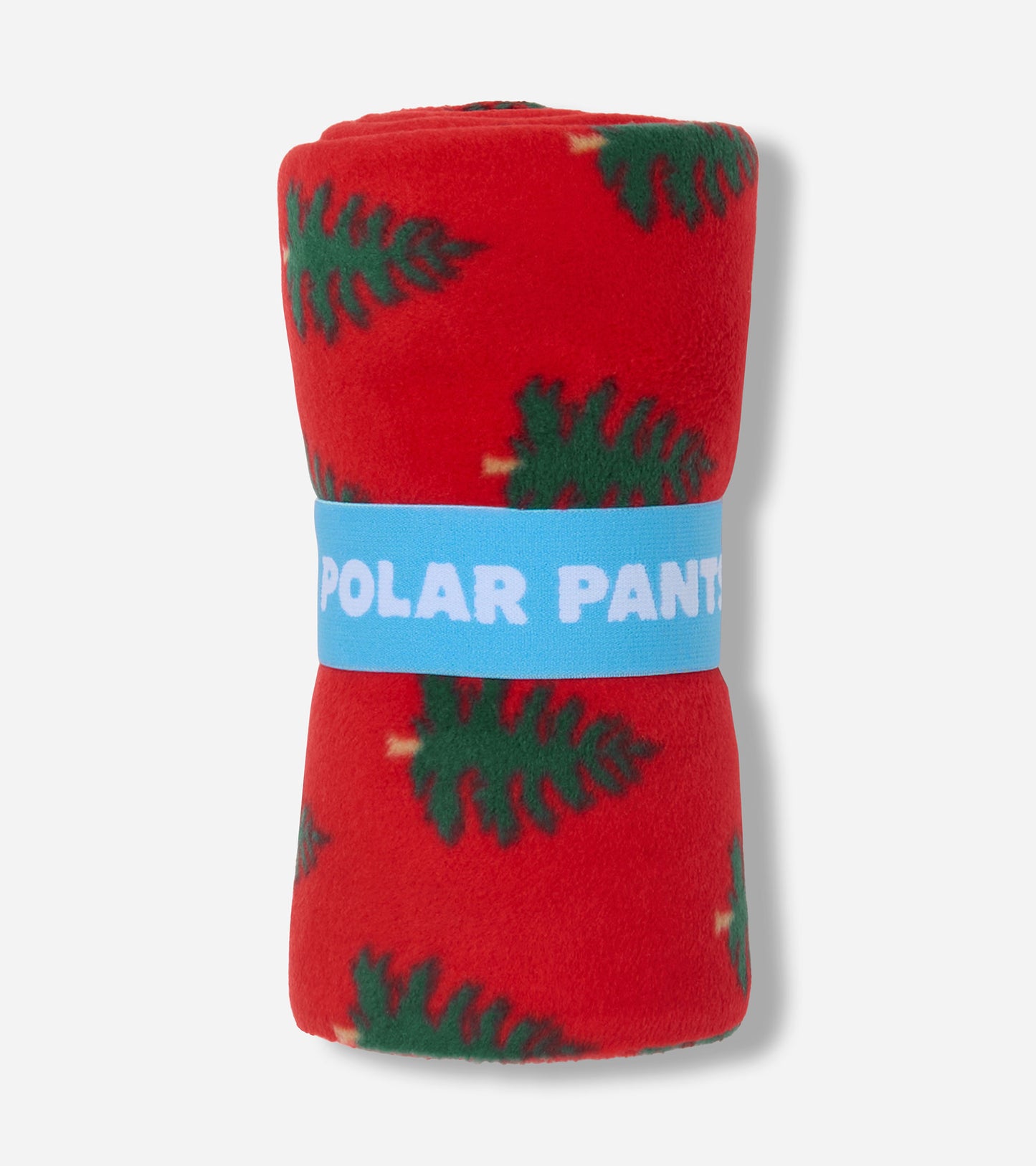 Red polar pants featuring a green tree pattern, rolled and secured with a blue band. Suitable for girls.