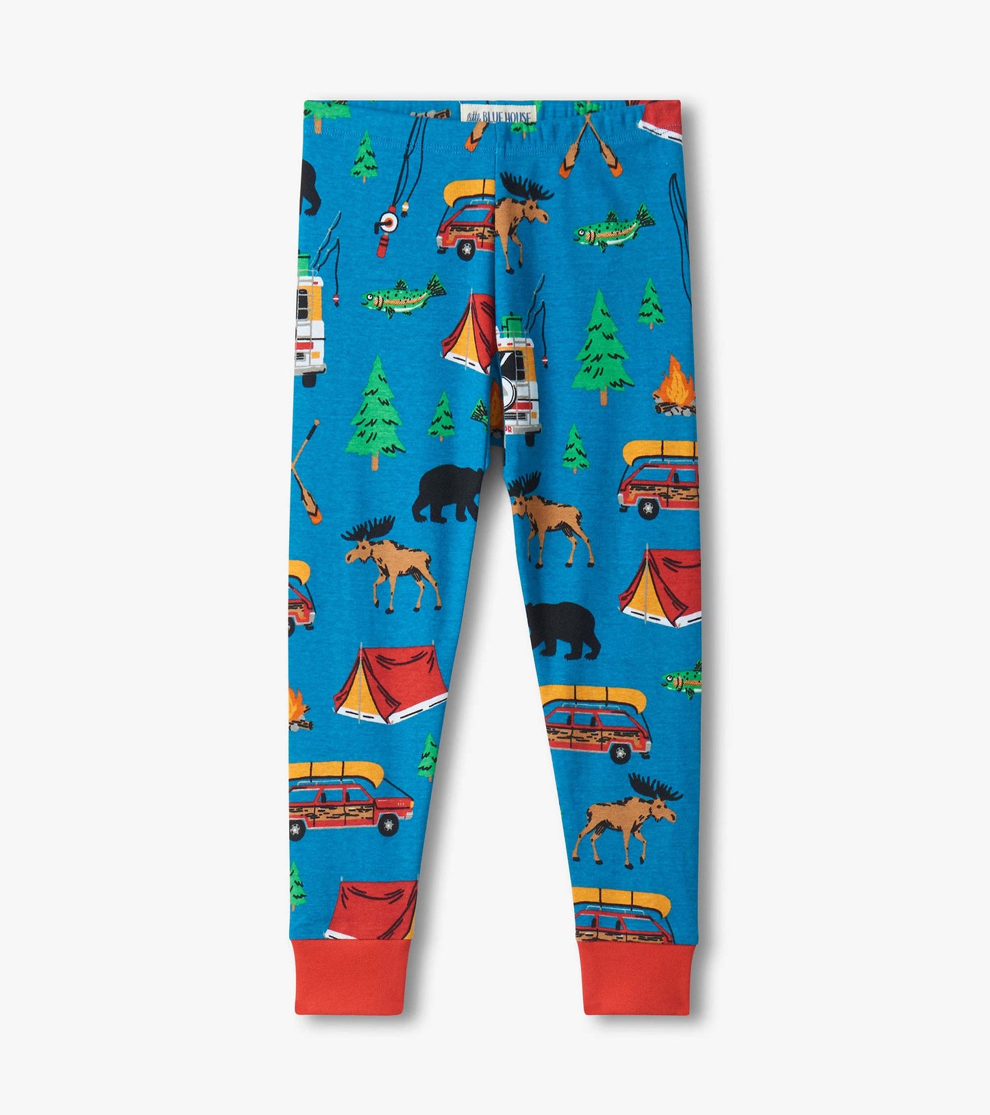 Kids blue pajama pants with camping print, red cuffs, and moose, tents, trees, and vans pattern
