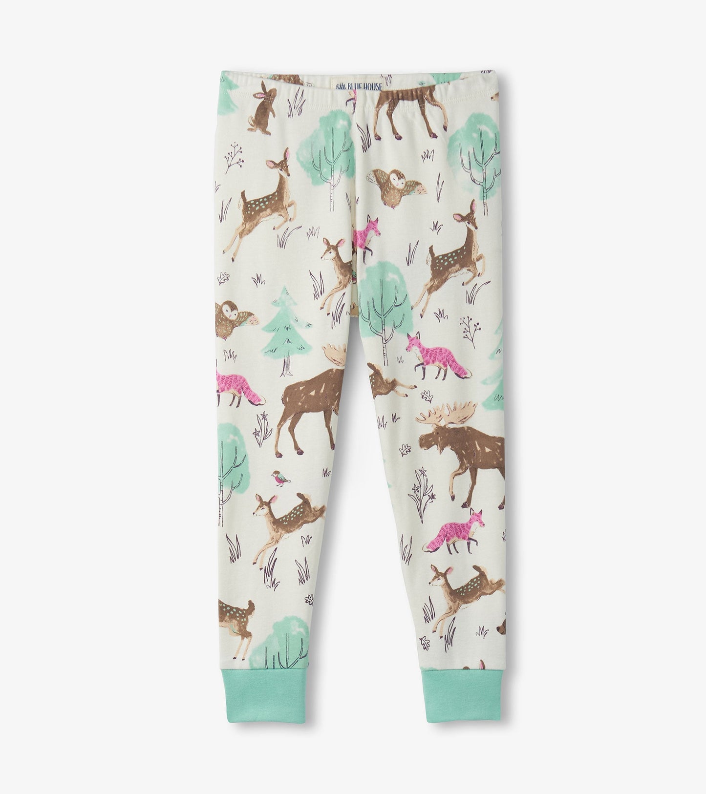 Light-colored pajama pants featuring a forest animal print with deer, foxes, and trees, finished with mint green cuffs.