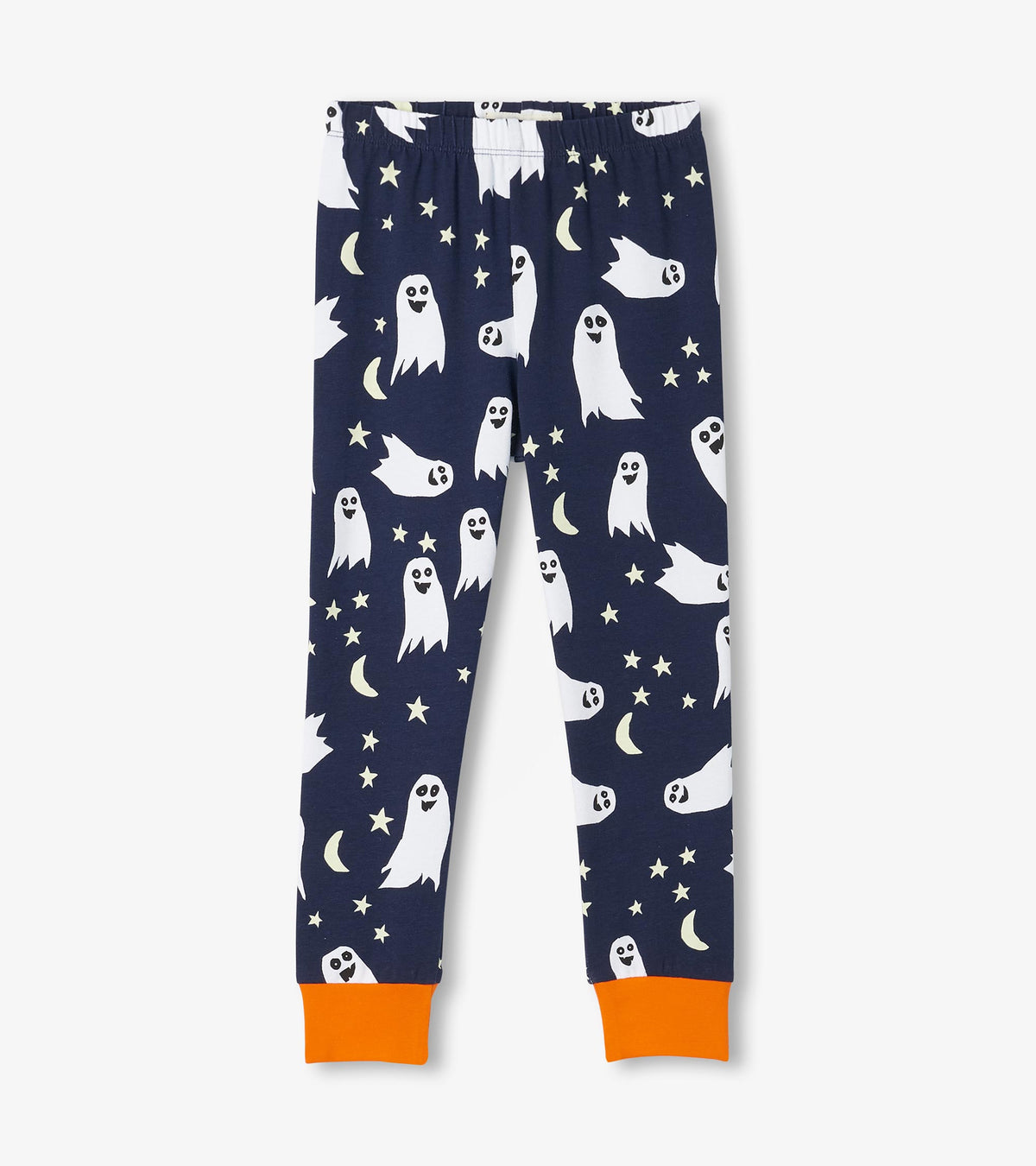 Kids ghost print pajama pants in navy with stars, crescent moons, and bright orange cuffs