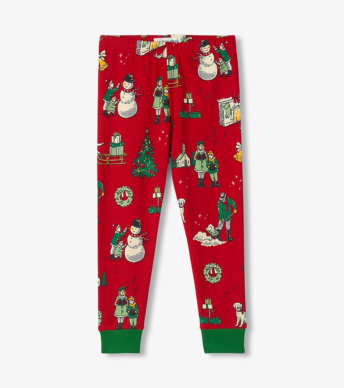 Kids red pajama pants with green cuffs and vintage Christmas print featuring snowmen, wreaths, and trees