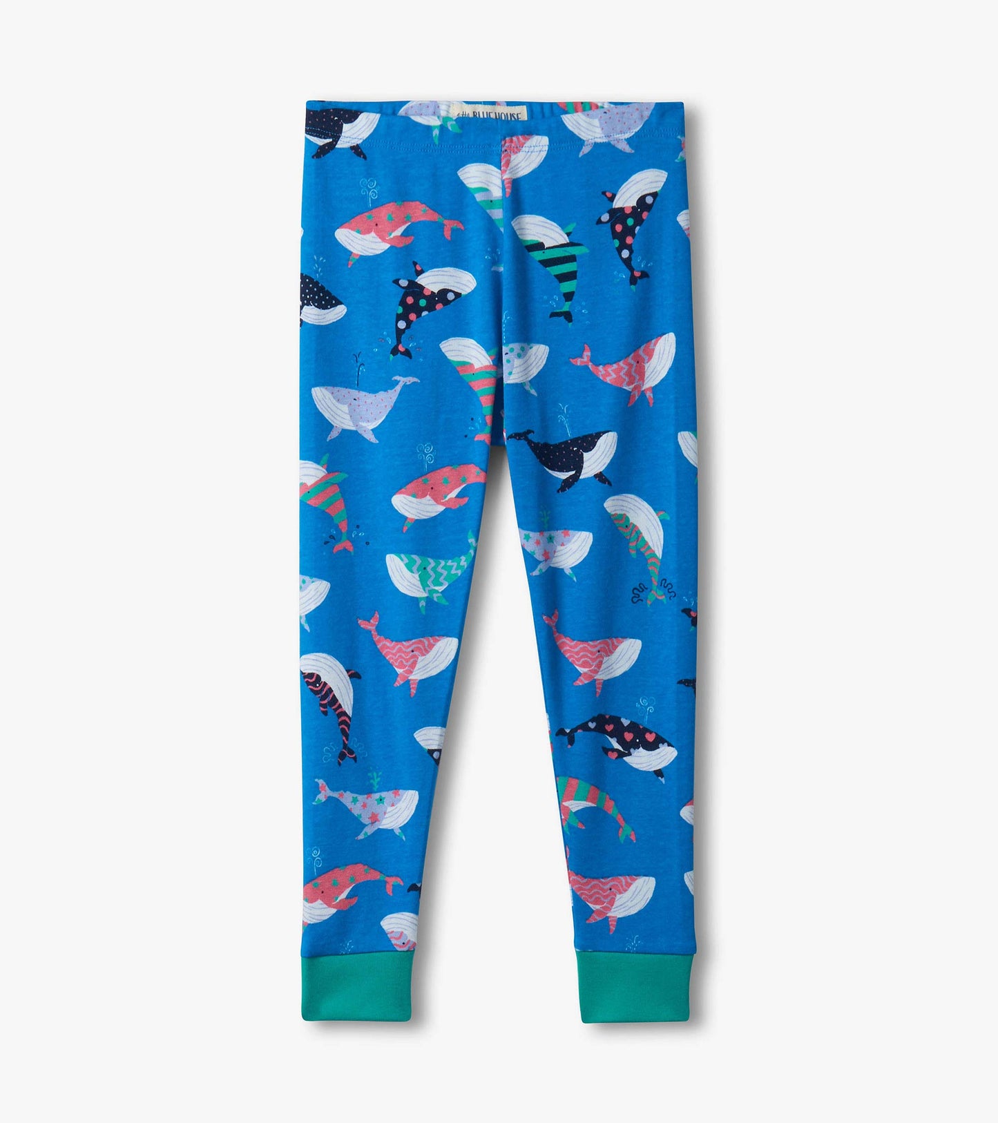 Blue kids pajama pants with colorful whale print and teal cuffs, front view