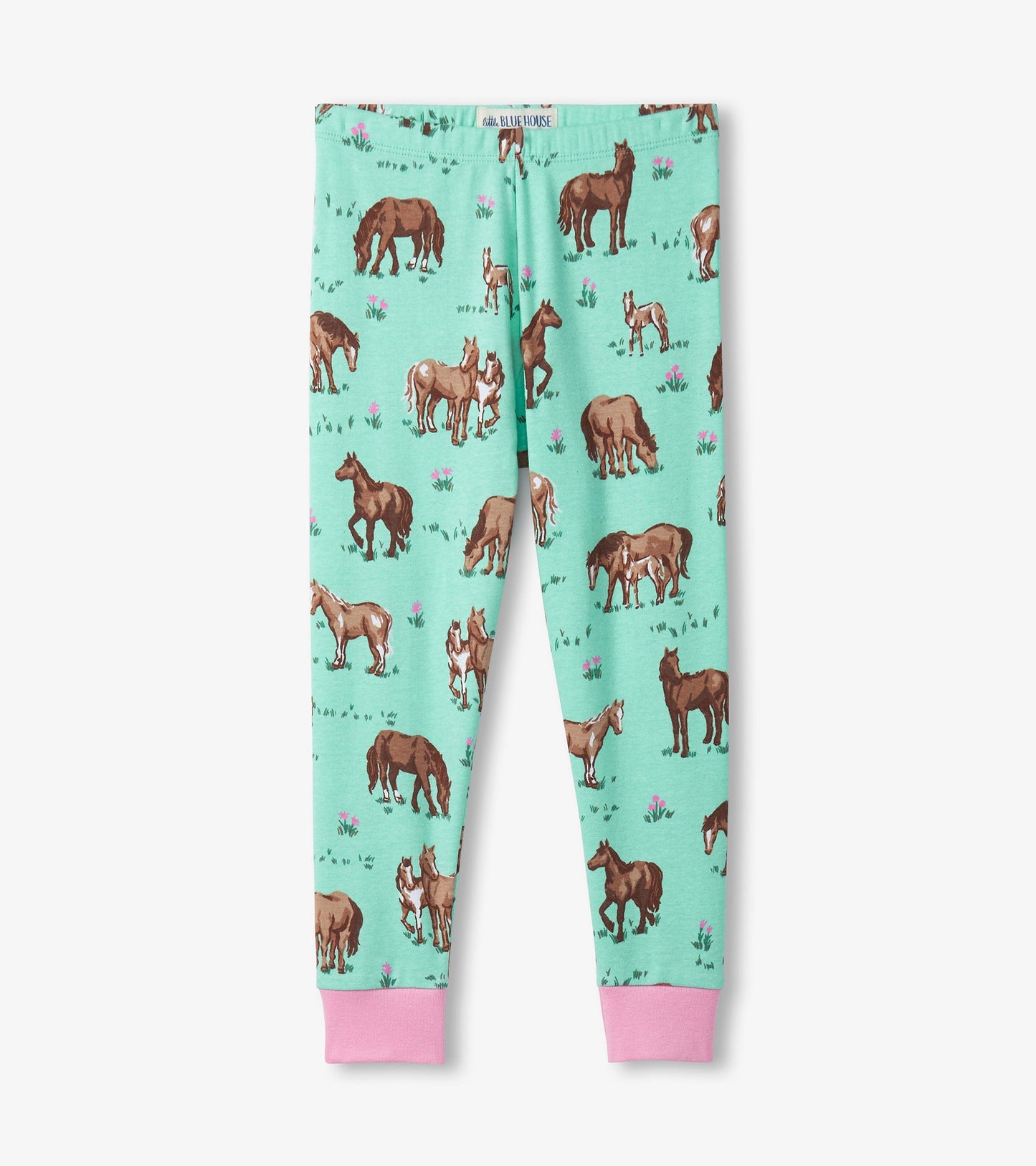 Mint green pajama pants featuring a playful horse pattern and pink cuffs, ideal for comfortable sleepwear.