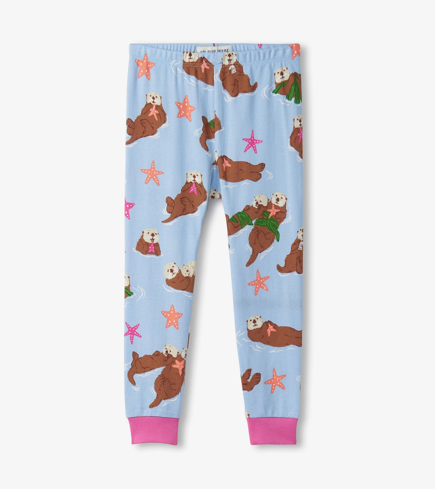 Light blue pajama pants featuring playful otters and starfish patterns, with pink cuffs at the ankles.