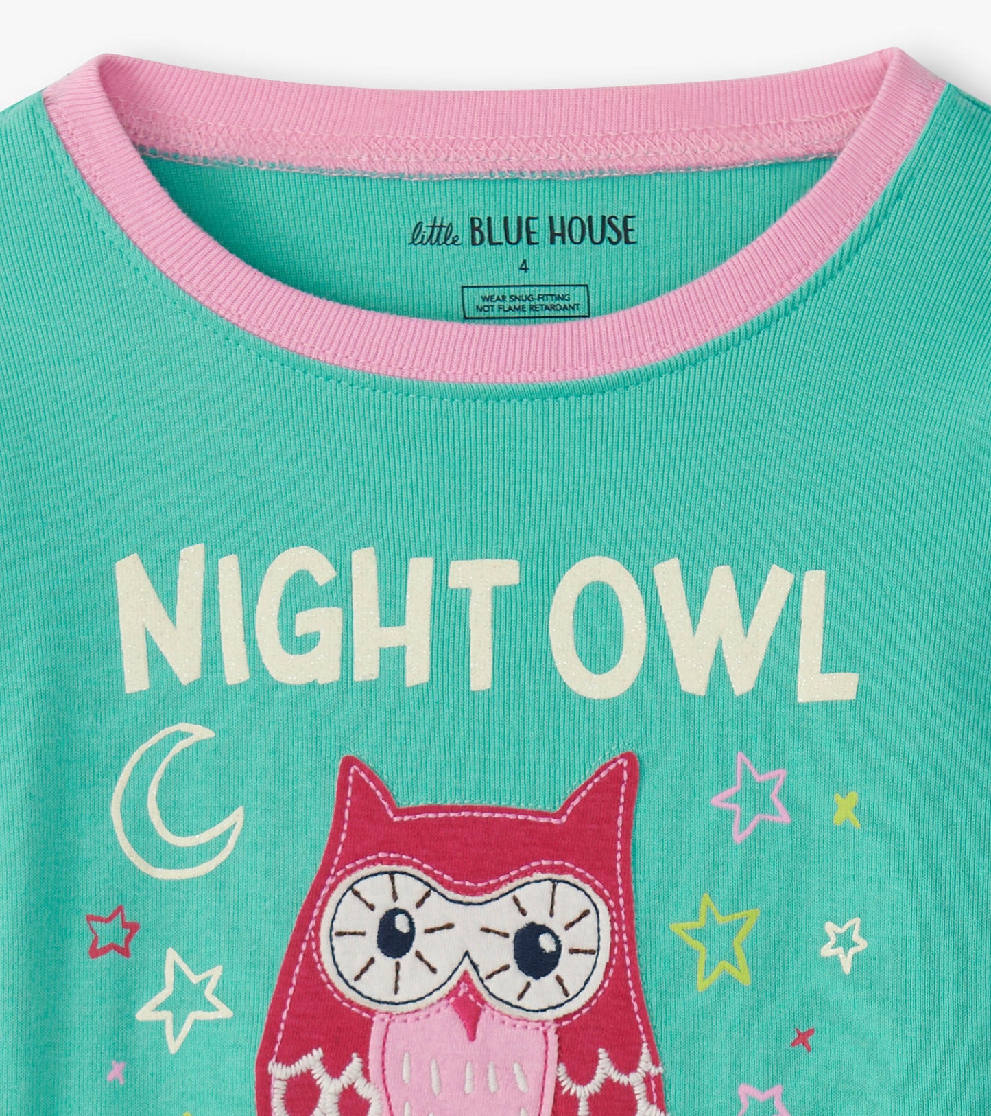 Turquoise pajama top featuring a pink owl appliqué and "NIGHT OWL" text, with stars and moon designs.