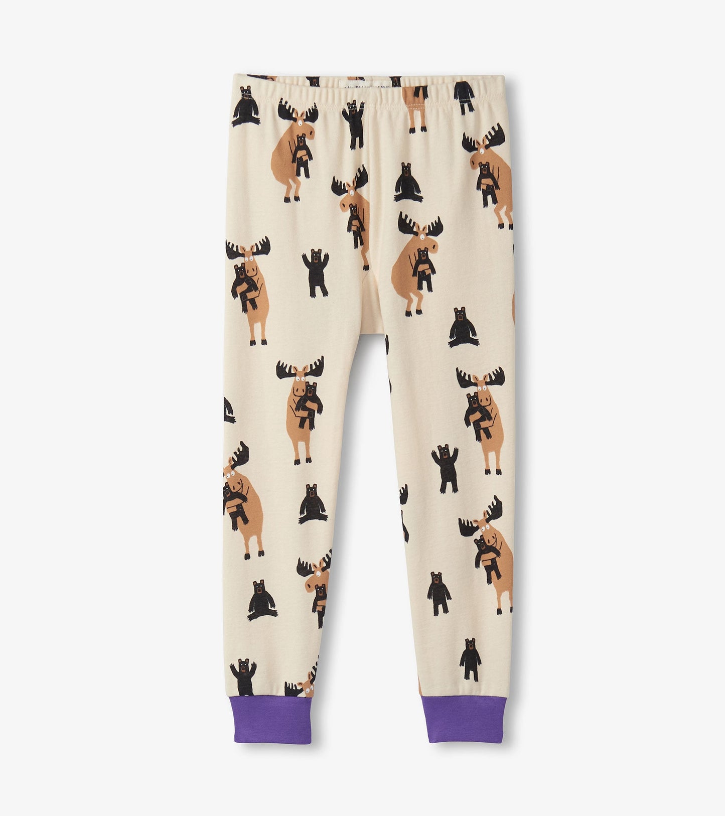 Cream pajama pants featuring a playful moose and bear pattern, with purple cuffs at the ankles.
