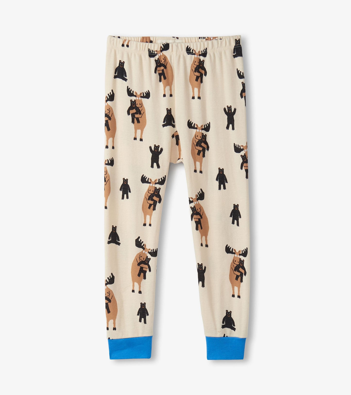 Cream pajama pants featuring playful moose and bear prints, with blue cuffs at the ankles.