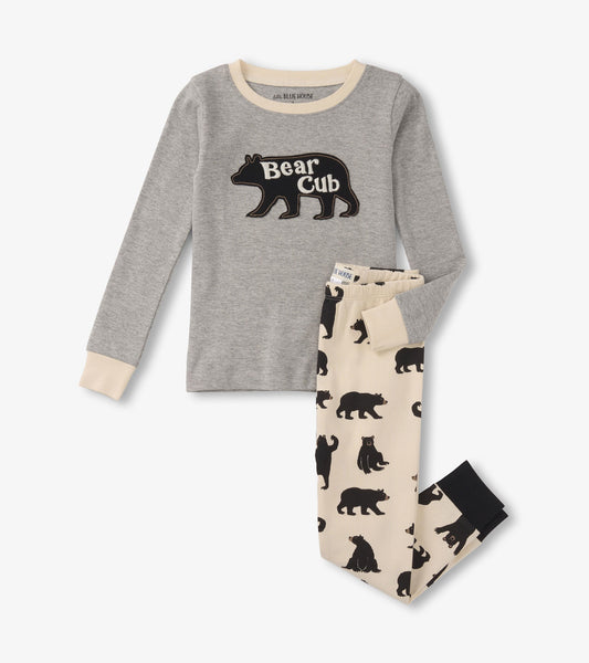 Gray long-sleeve top with "Bear Cub" graphic and cream pajama pants featuring black bear silhouettes.