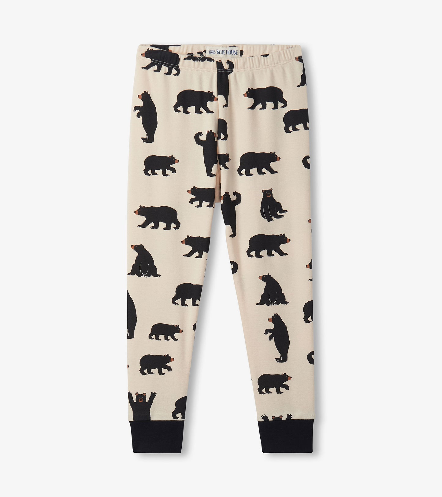 Cream kids pajama pants with black bear print and black cuffs, front view