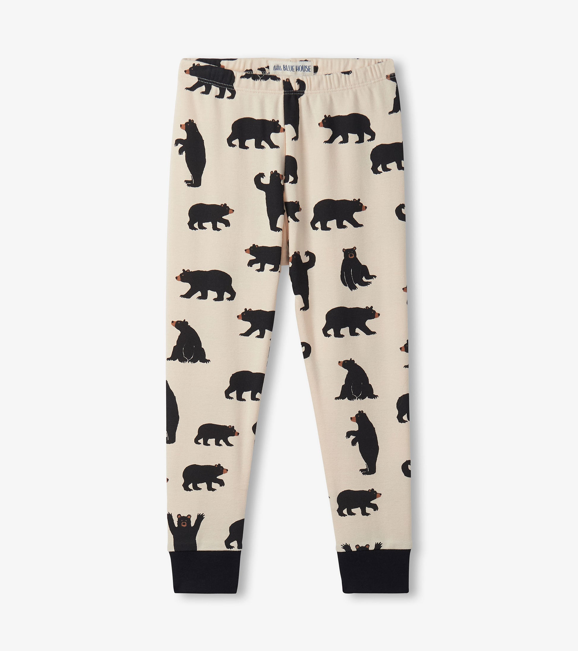 Beige pajama pants featuring a playful black bear pattern and a black cuff at the ankles.