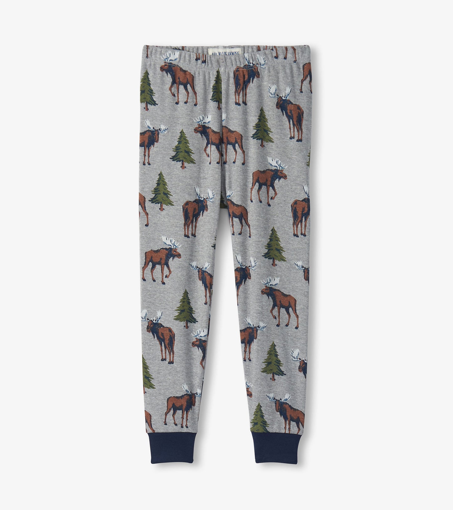 Gray pajama pants featuring a moose and pine tree pattern, with navy cuffs and an elastic waistband.