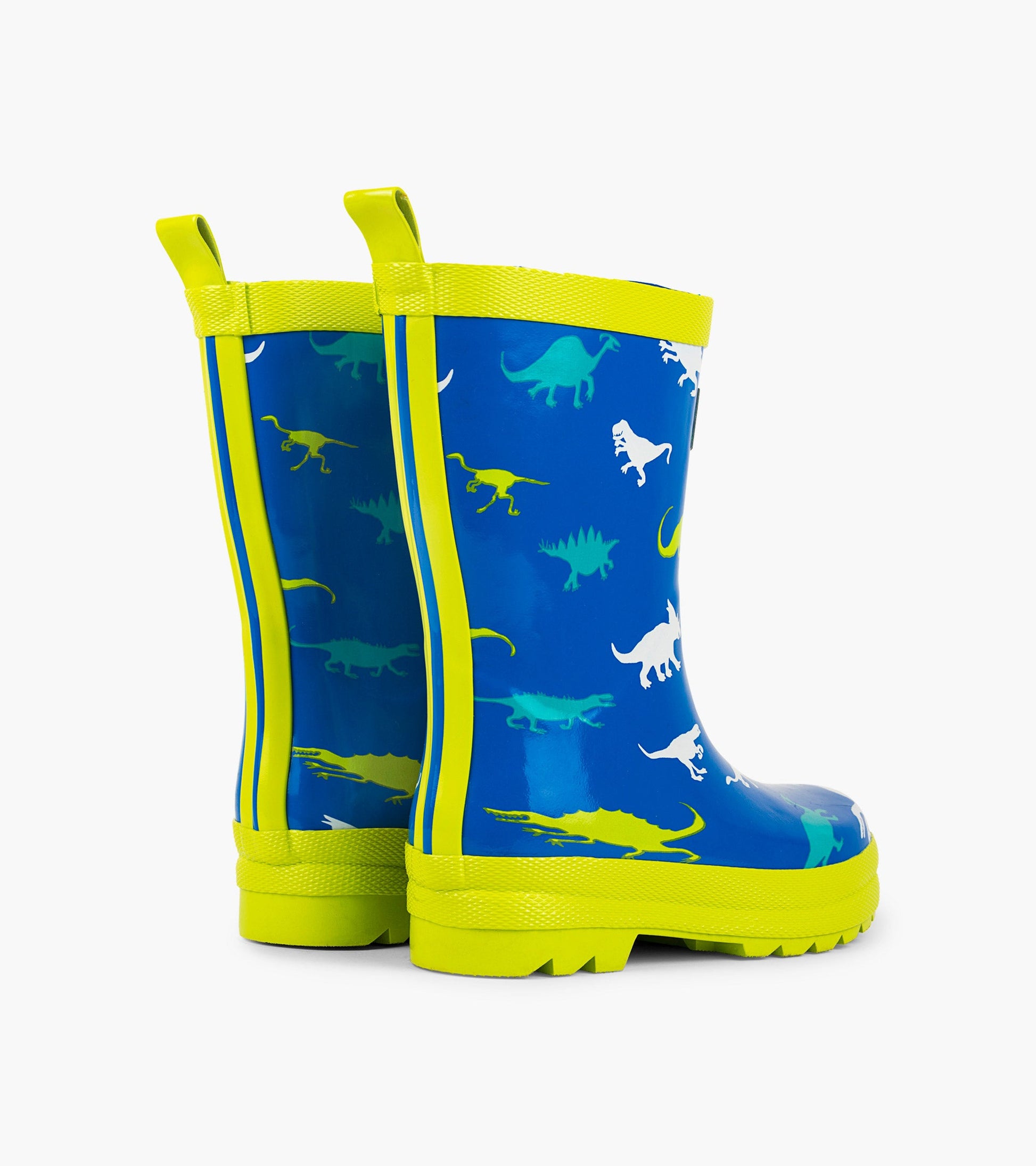Blue rain boots featuring colorful dinosaur patterns and bright yellow accents, designed for kids.