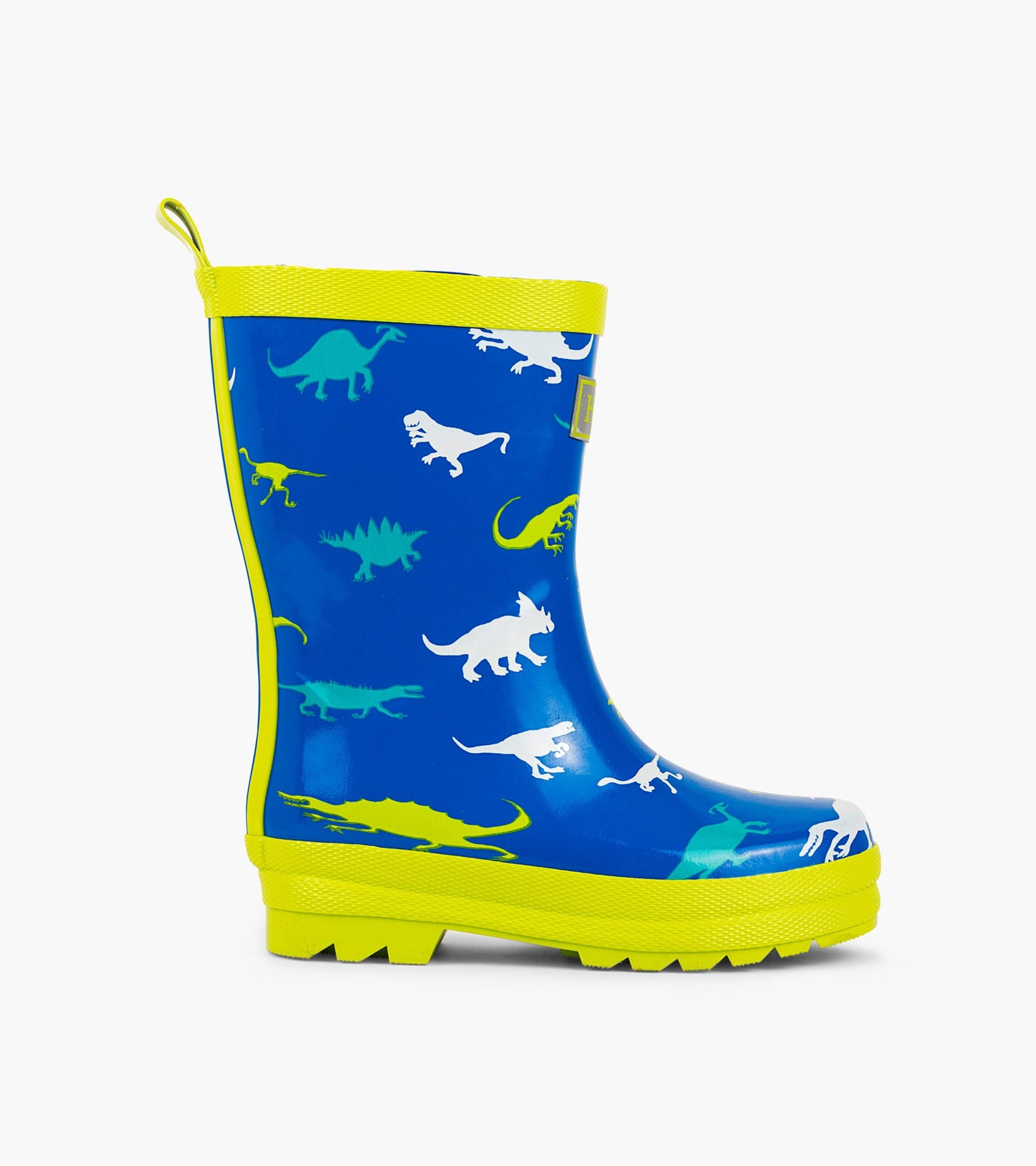 Blue rain boot featuring colorful dinosaur patterns and a bright yellow sole and trim. Ideal for kids' outdoor play.